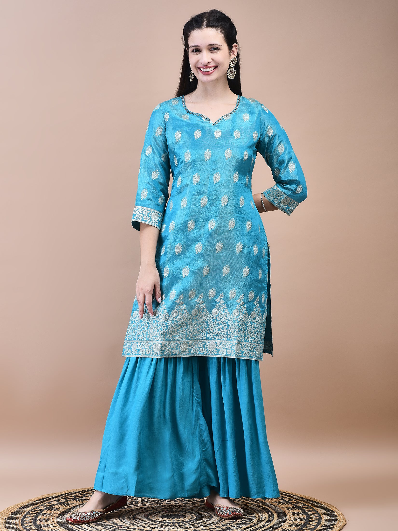 Women Dola Jacquard Blue Woven Kurta Sharara Dupatta