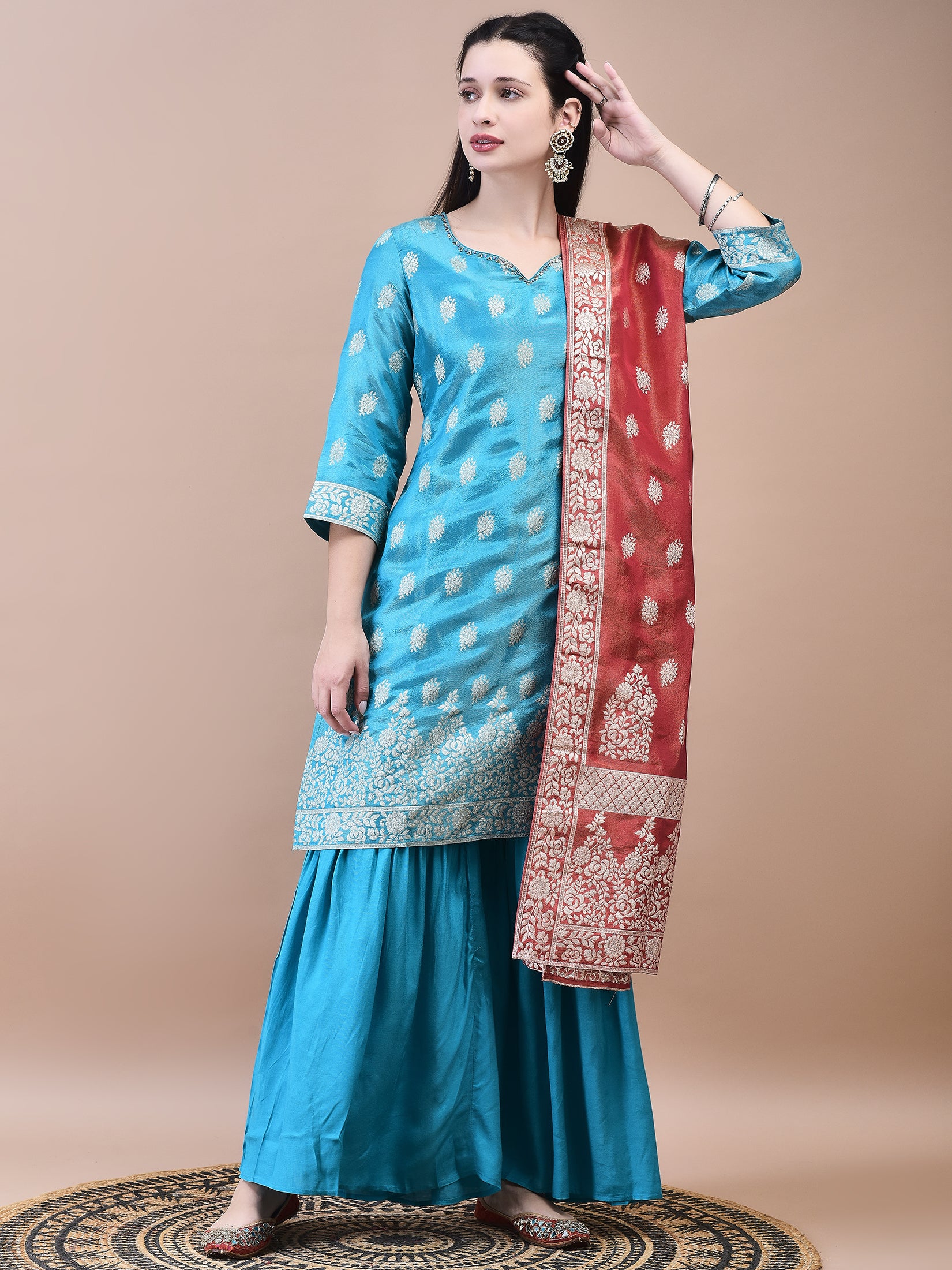 Women Dola Jacquard Blue Woven Kurta Sharara Dupatta