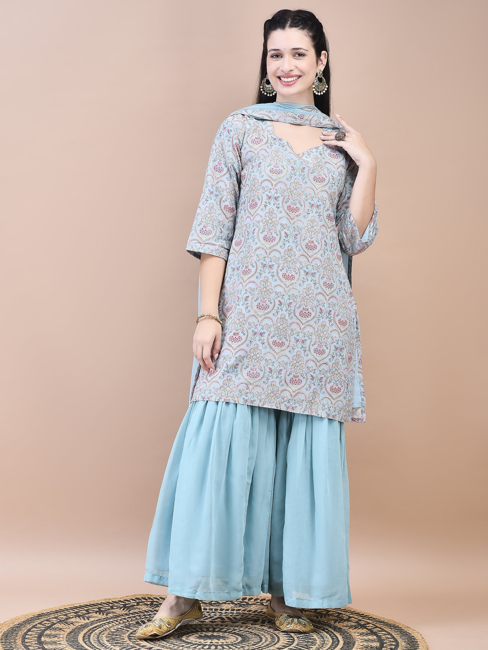 Women Viscose Blue Embroidered Kurta Sharara Dupatta