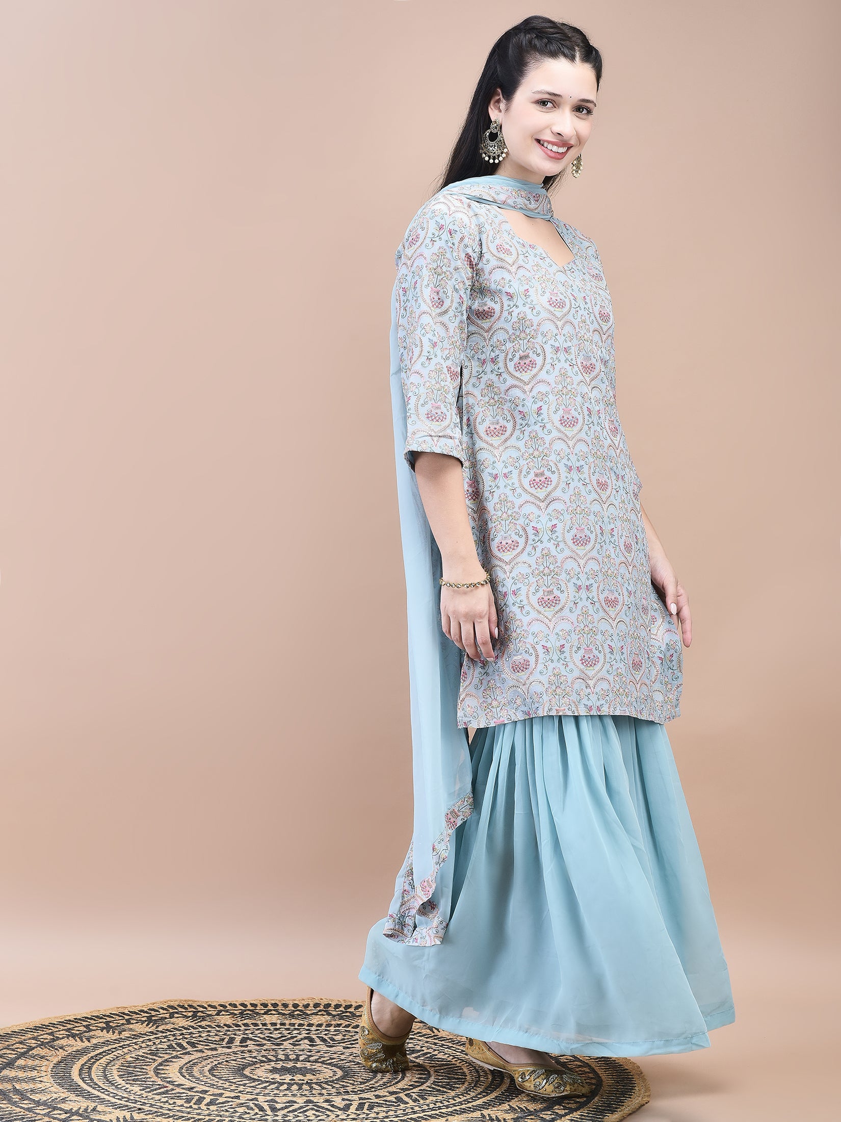 Women Viscose Blue Embroidered Kurta Sharara Dupatta