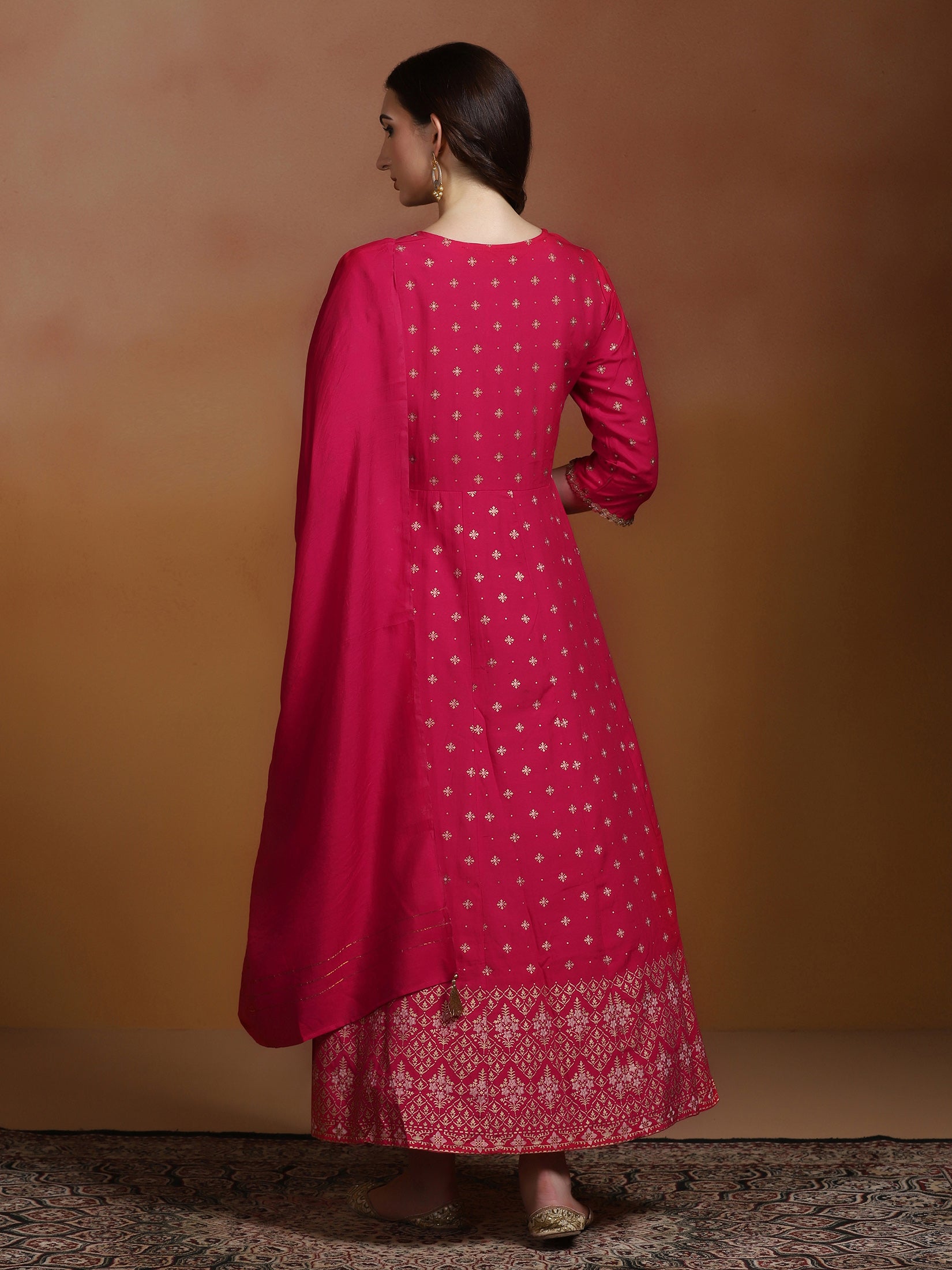 Women Poly Viscose Fuchsia Ornamental Print Dress With Dupatta