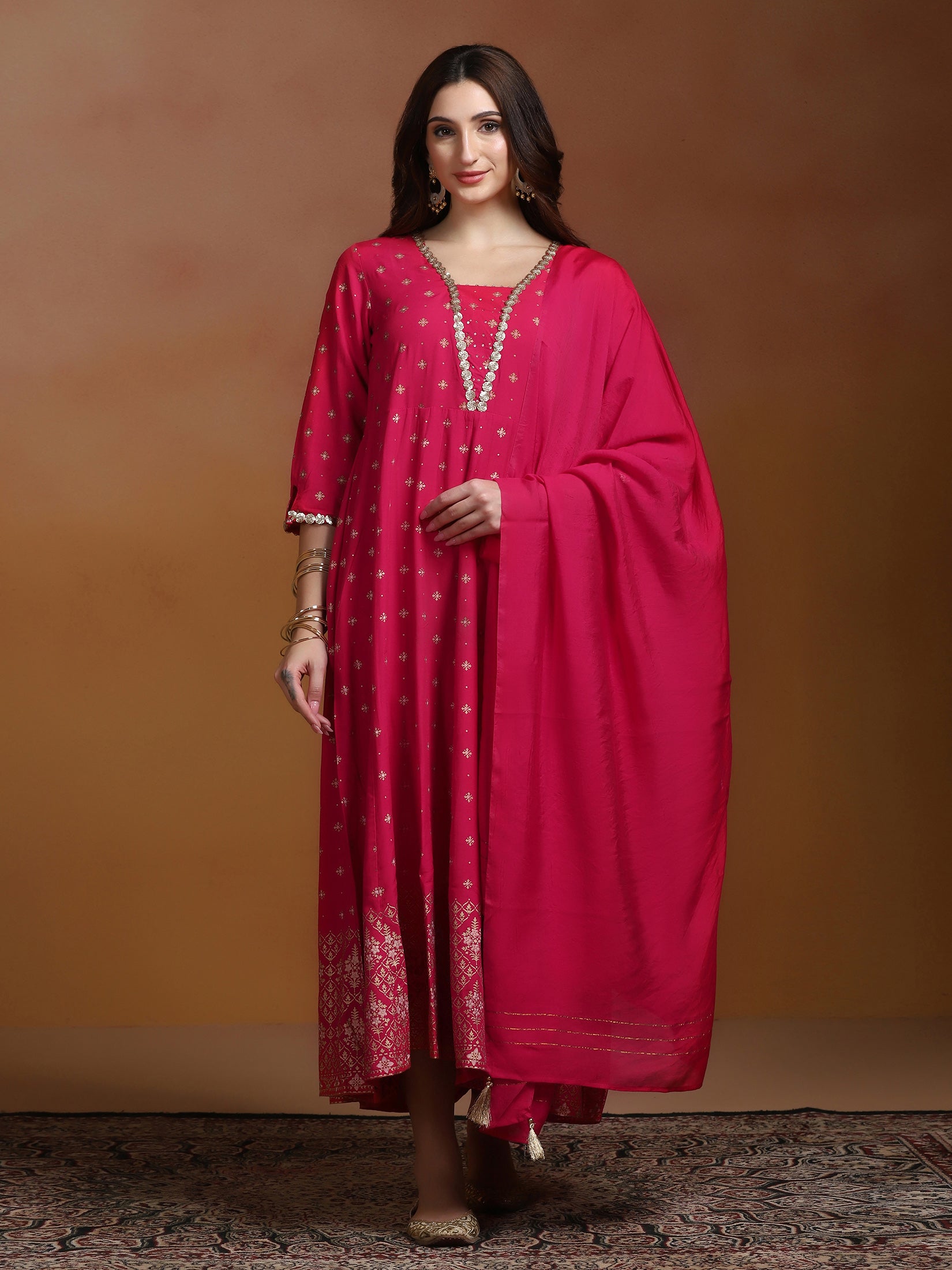 Women Poly Viscose Fuchsia Ornamental Print Dress With Dupatta