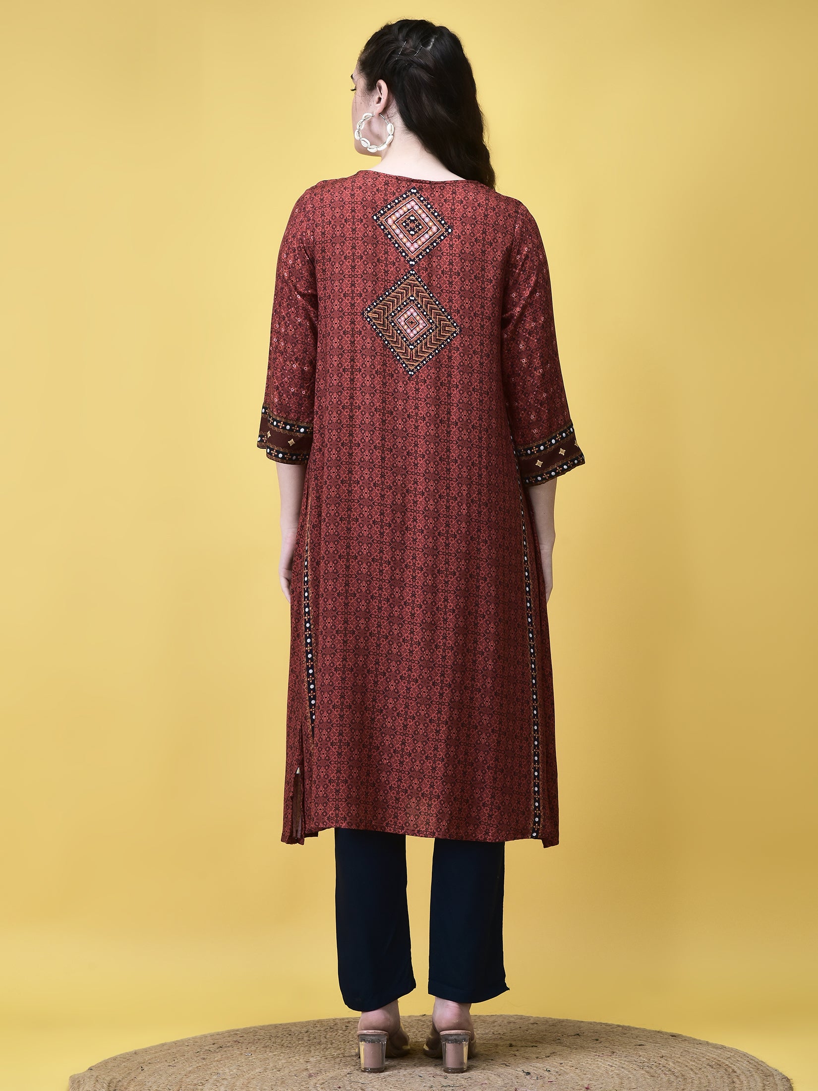 Women Liva Maroon Ornamental Print Kurta