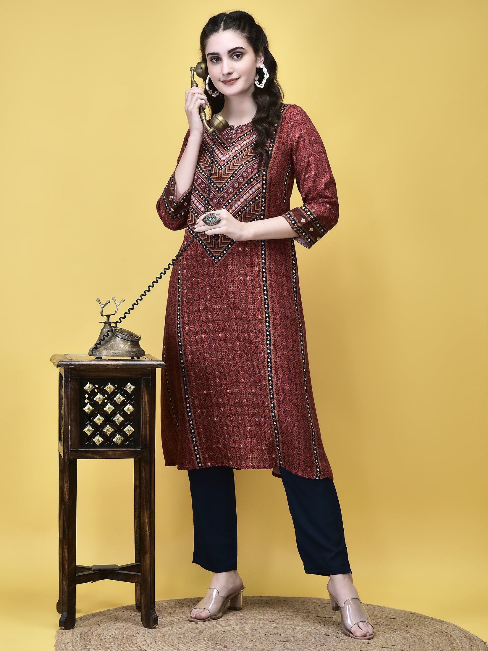 Women Liva Maroon Ornamental Print Kurta