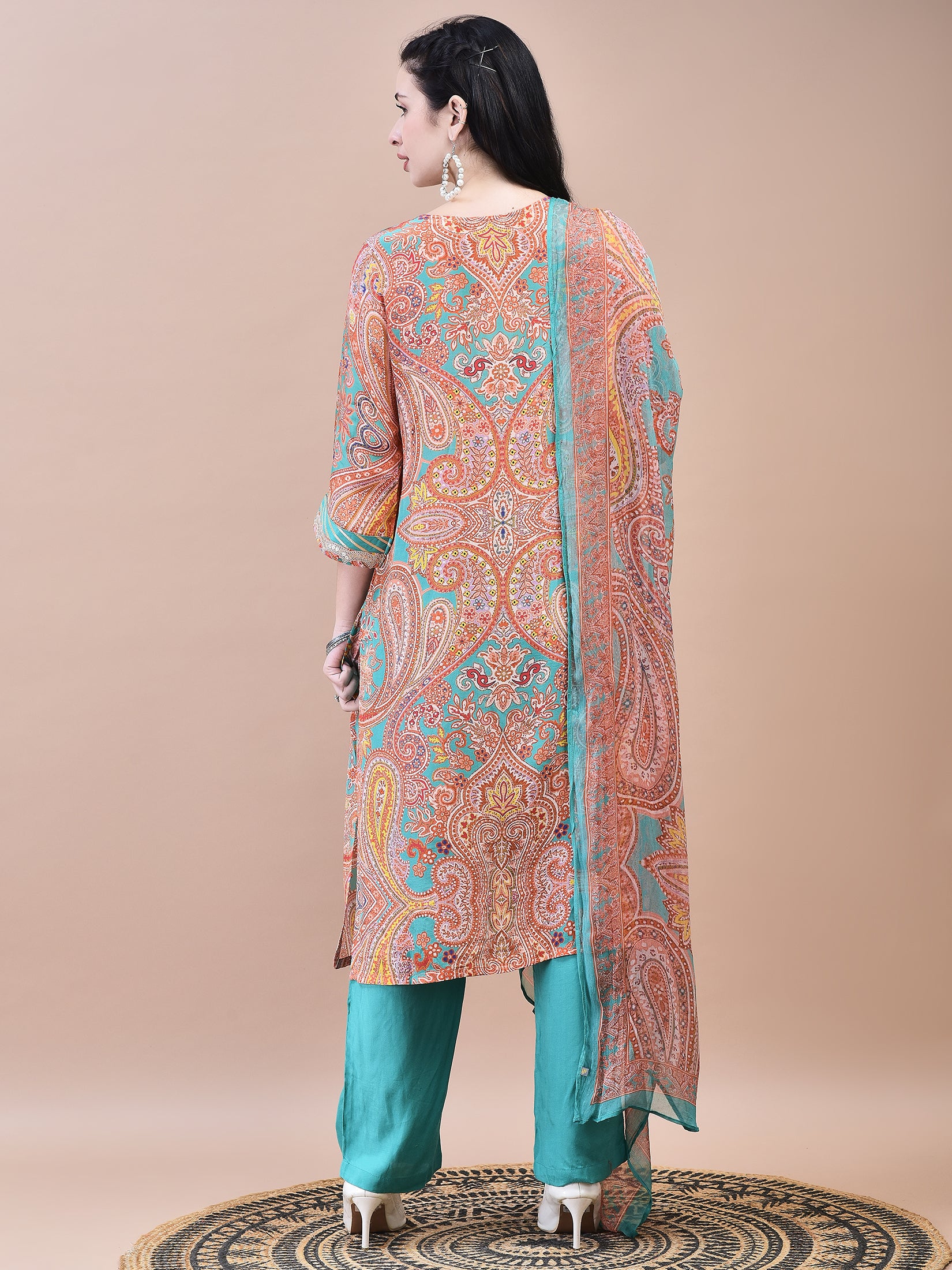 Women Crepe Orange Paisley Print Kurta Comfort Pant Dupatta