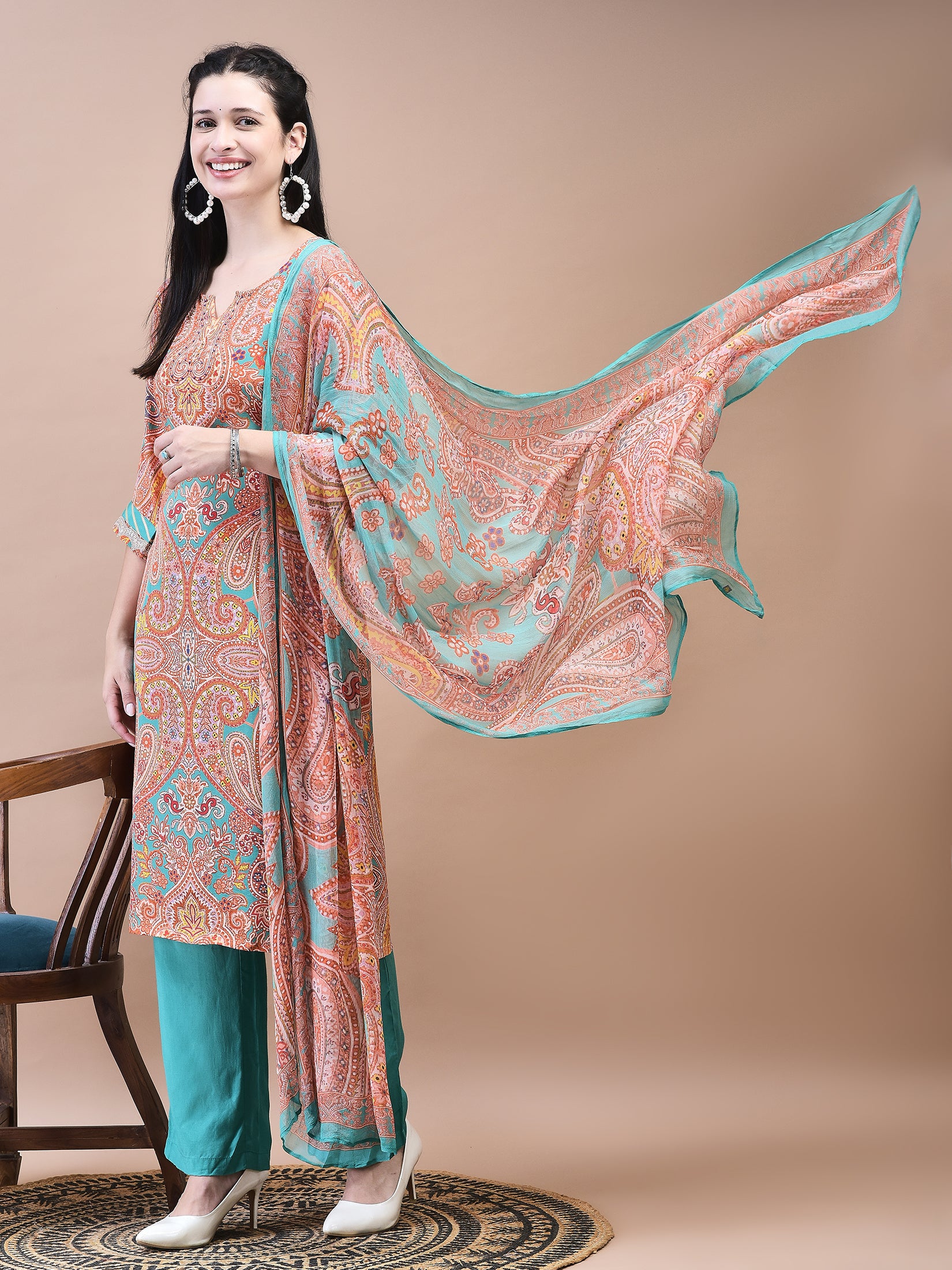 Women Crepe Orange Paisley Print Kurta Comfort Pant Dupatta