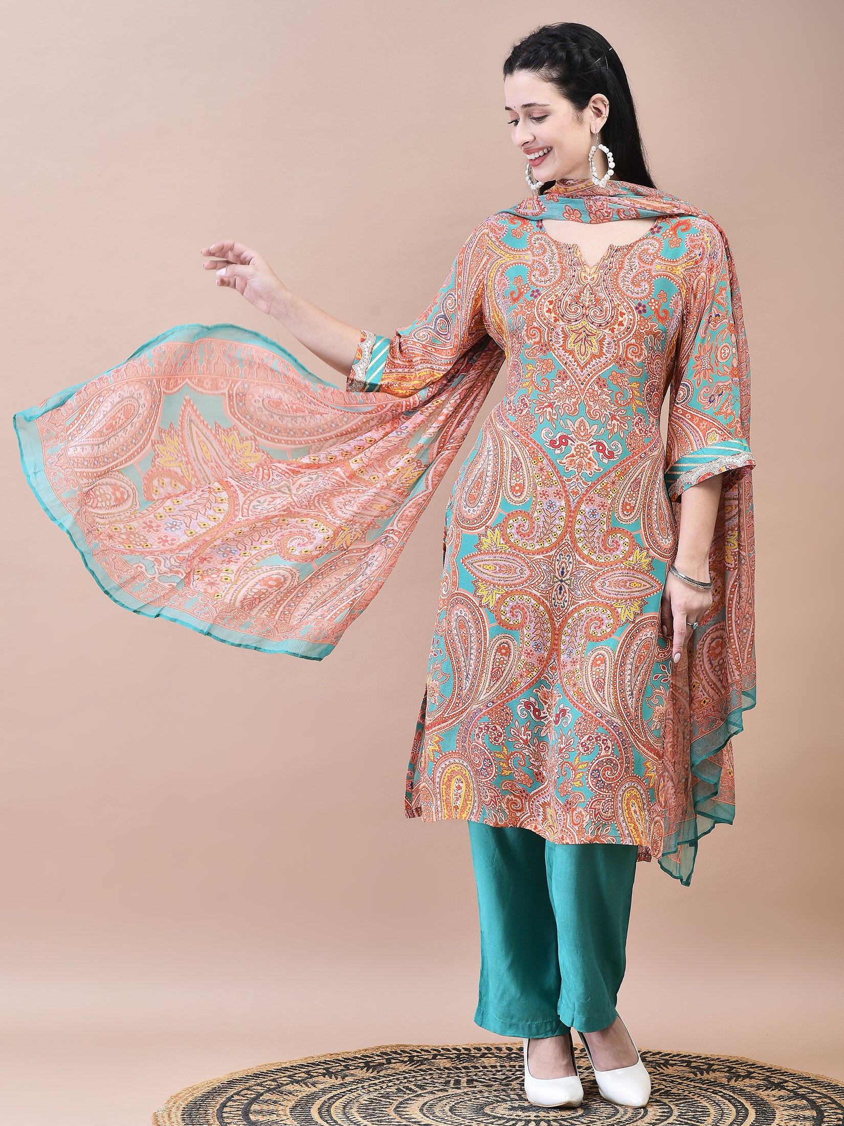 Women Crepe Orange Paisley Print Kurta Comfort Pant Dupatta