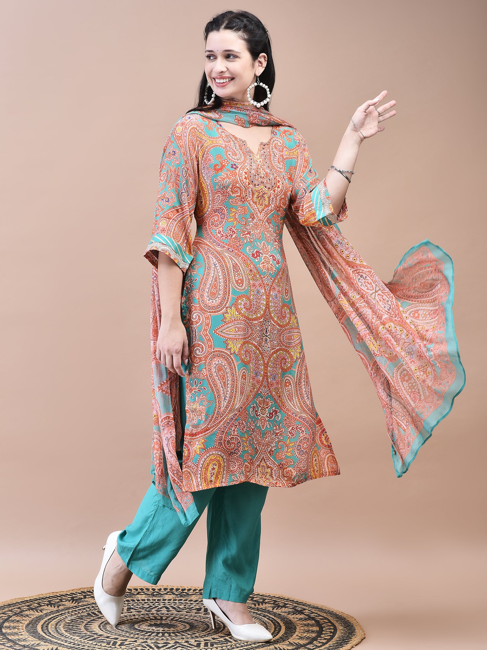 Women Crepe Orange Paisley Print Kurta Comfort Pant Dupatta