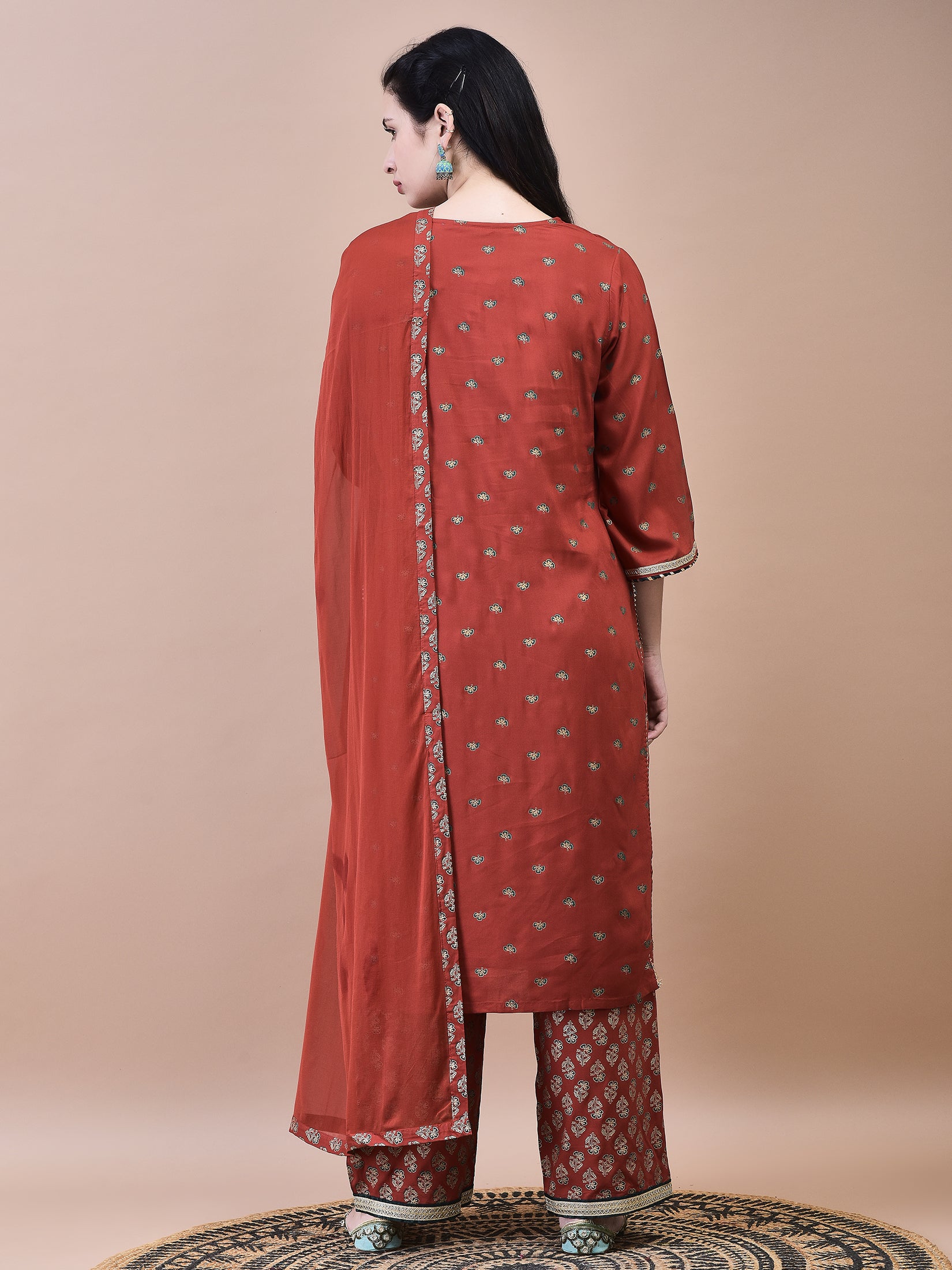 Women Liva Rust Butti Print Kurta Comfort Pant Dupatta