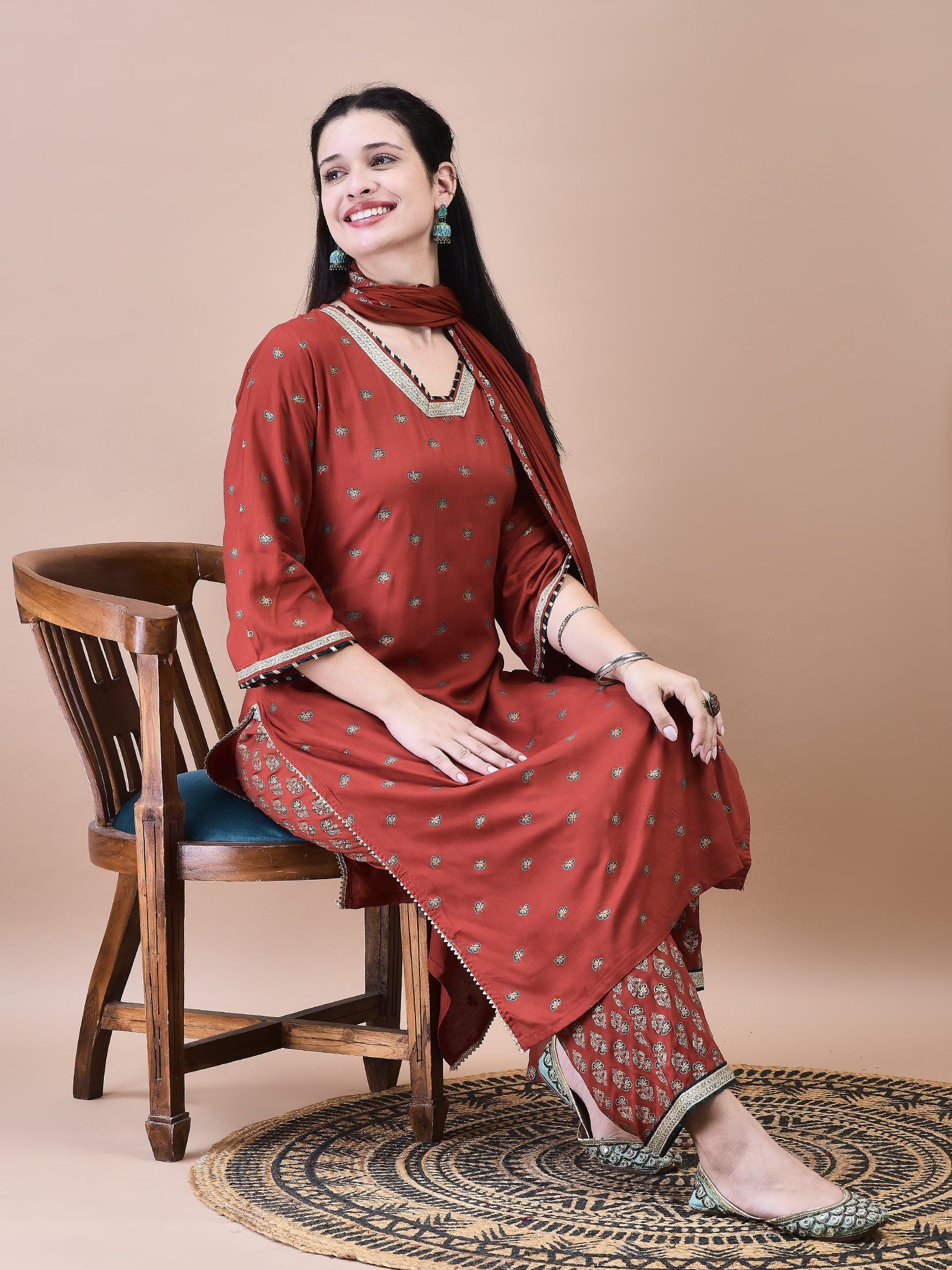 Women Liva Rust Butti Print Kurta Comfort Pant Dupatta