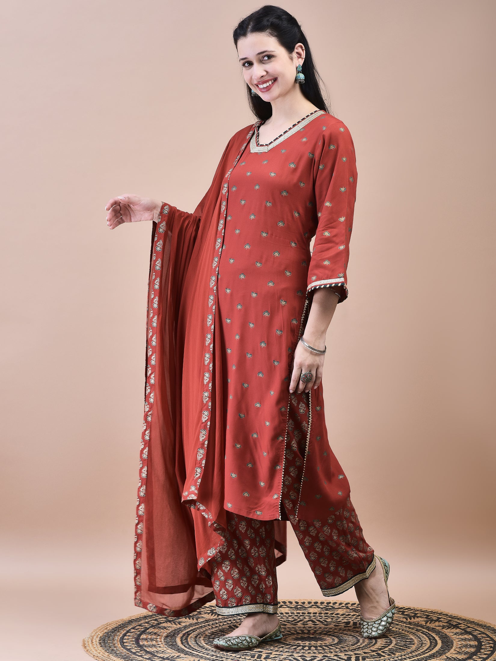 Women Liva Rust Butti Print Kurta Comfort Pant Dupatta