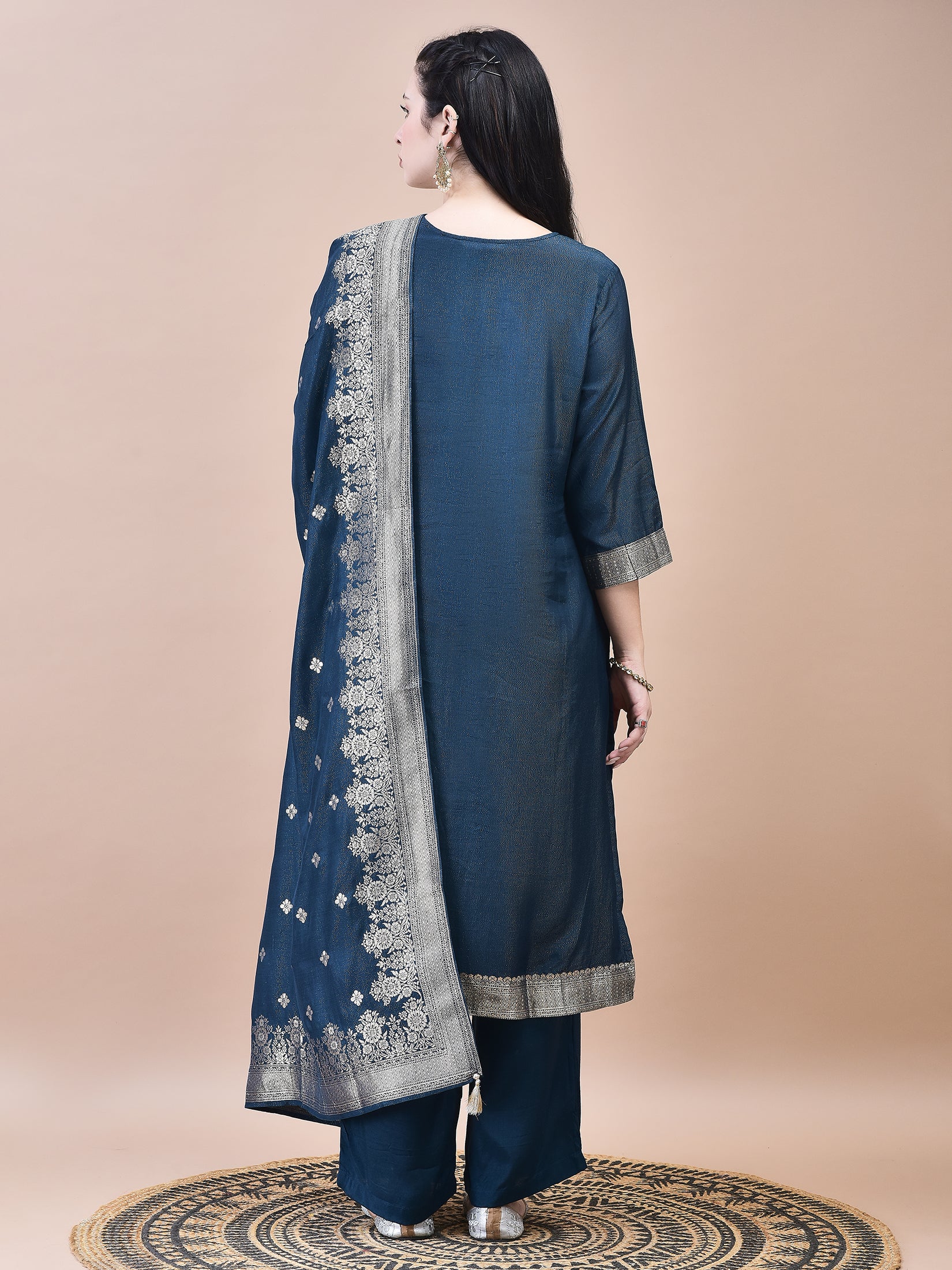 Women Dola Jacquard Blue Woven Kurta Comfort Pant Dupatta