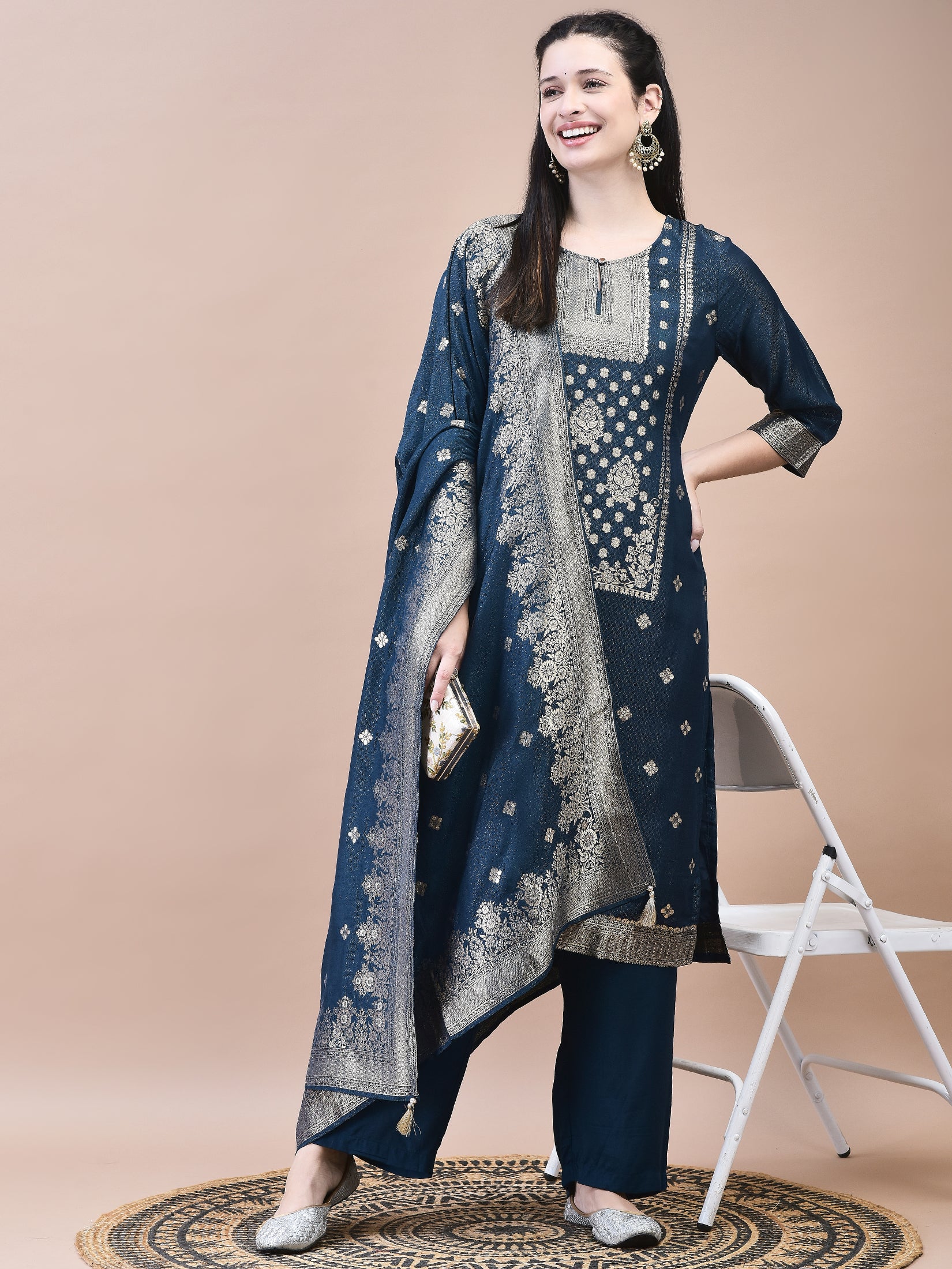 Women Dola Jacquard Blue Woven Kurta Comfort Pant Dupatta