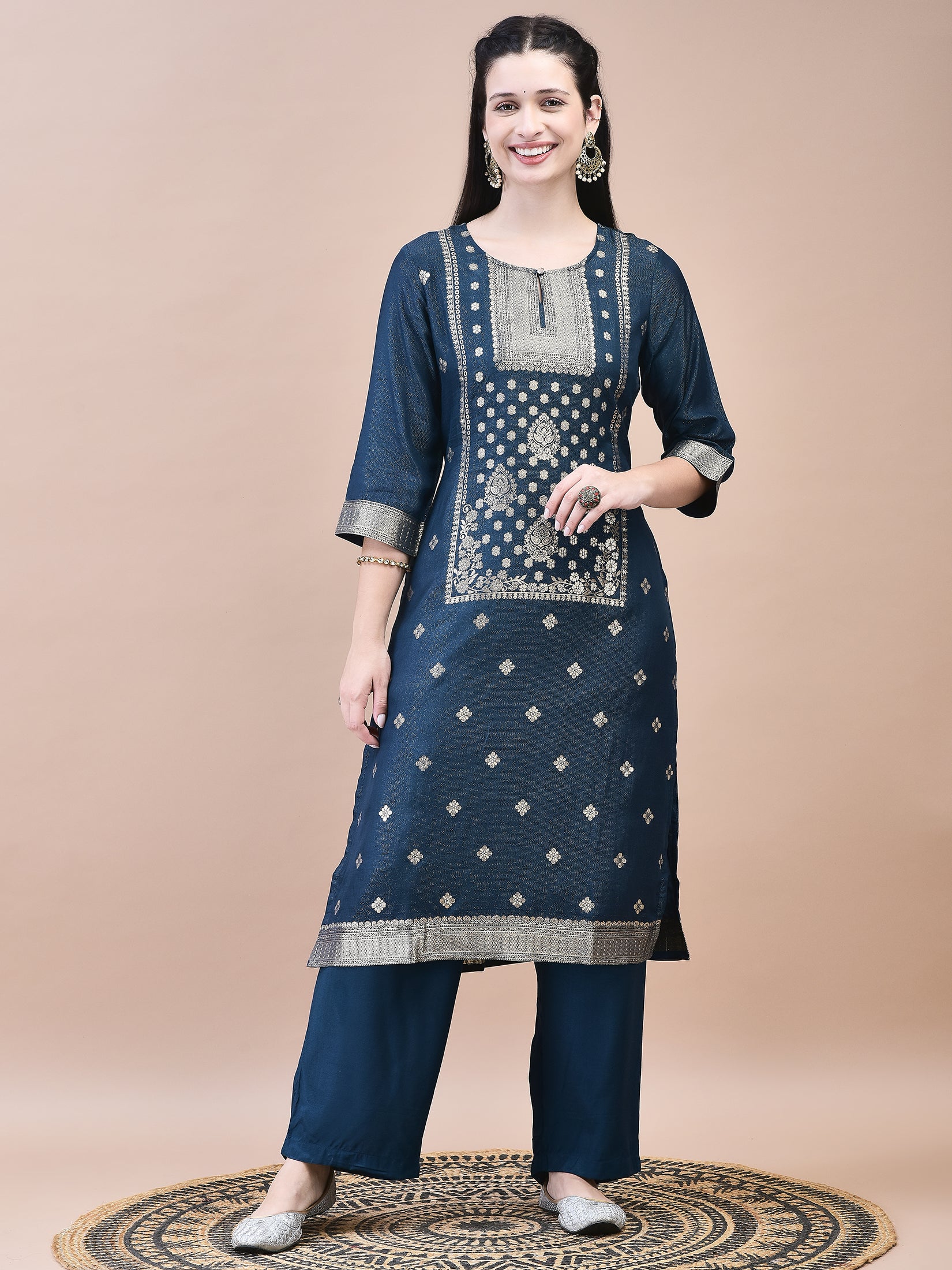 Women Dola Jacquard Blue Woven Kurta Comfort Pant Dupatta