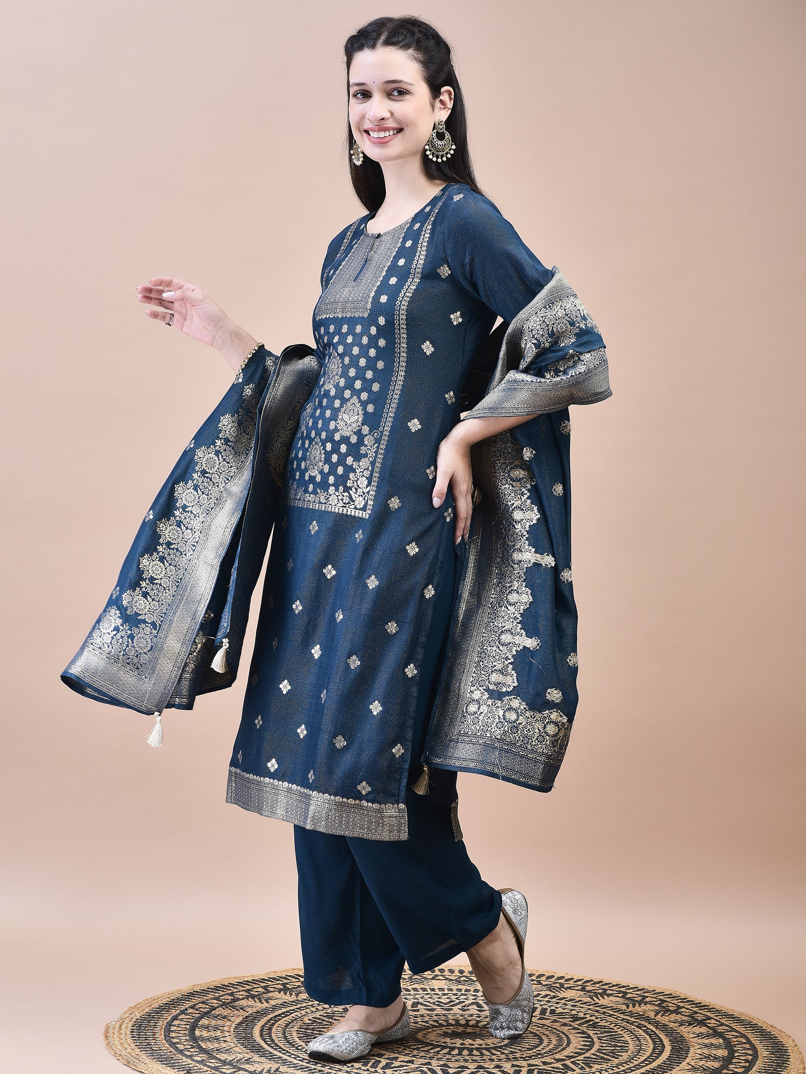 Women Dola Jacquard Blue Woven Kurta Comfort Pant Dupatta