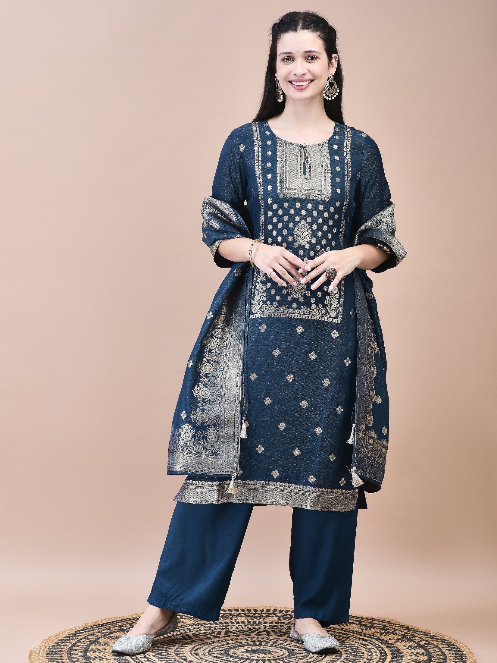 Women Dola Jacquard Blue Woven Kurta Comfort Pant Dupatta