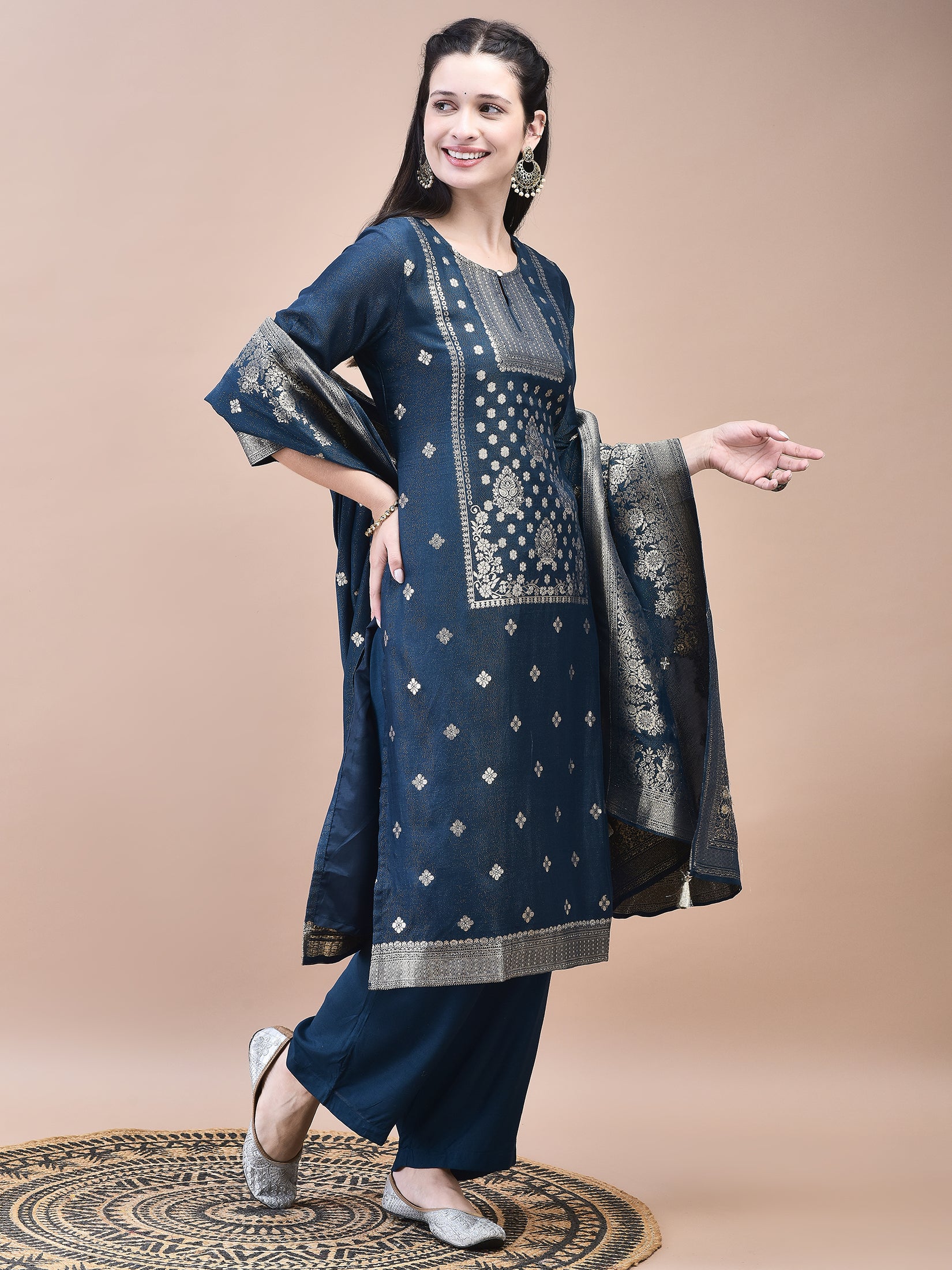 Women Dola Jacquard Blue Woven Kurta Comfort Pant Dupatta