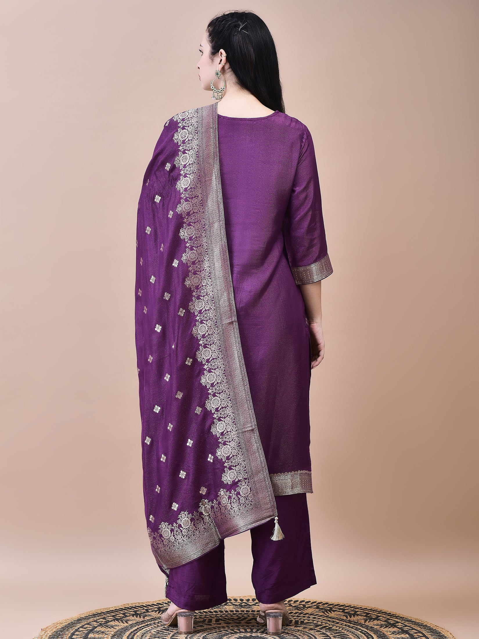 Women Dola Jacquard Purple Woven Kurta Comfort Pant Dupatta