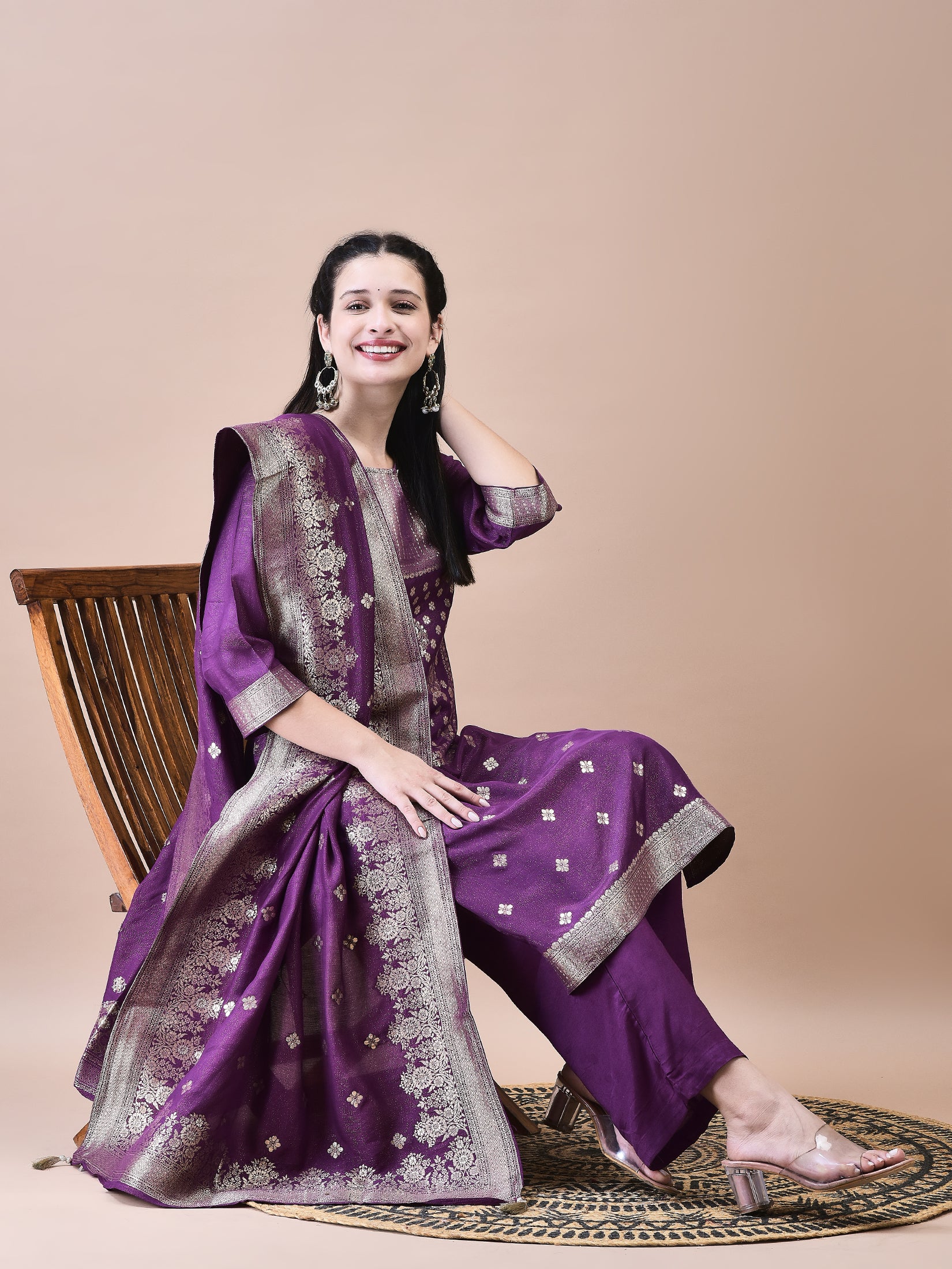 Women Dola Jacquard Purple Woven Kurta Comfort Pant Dupatta