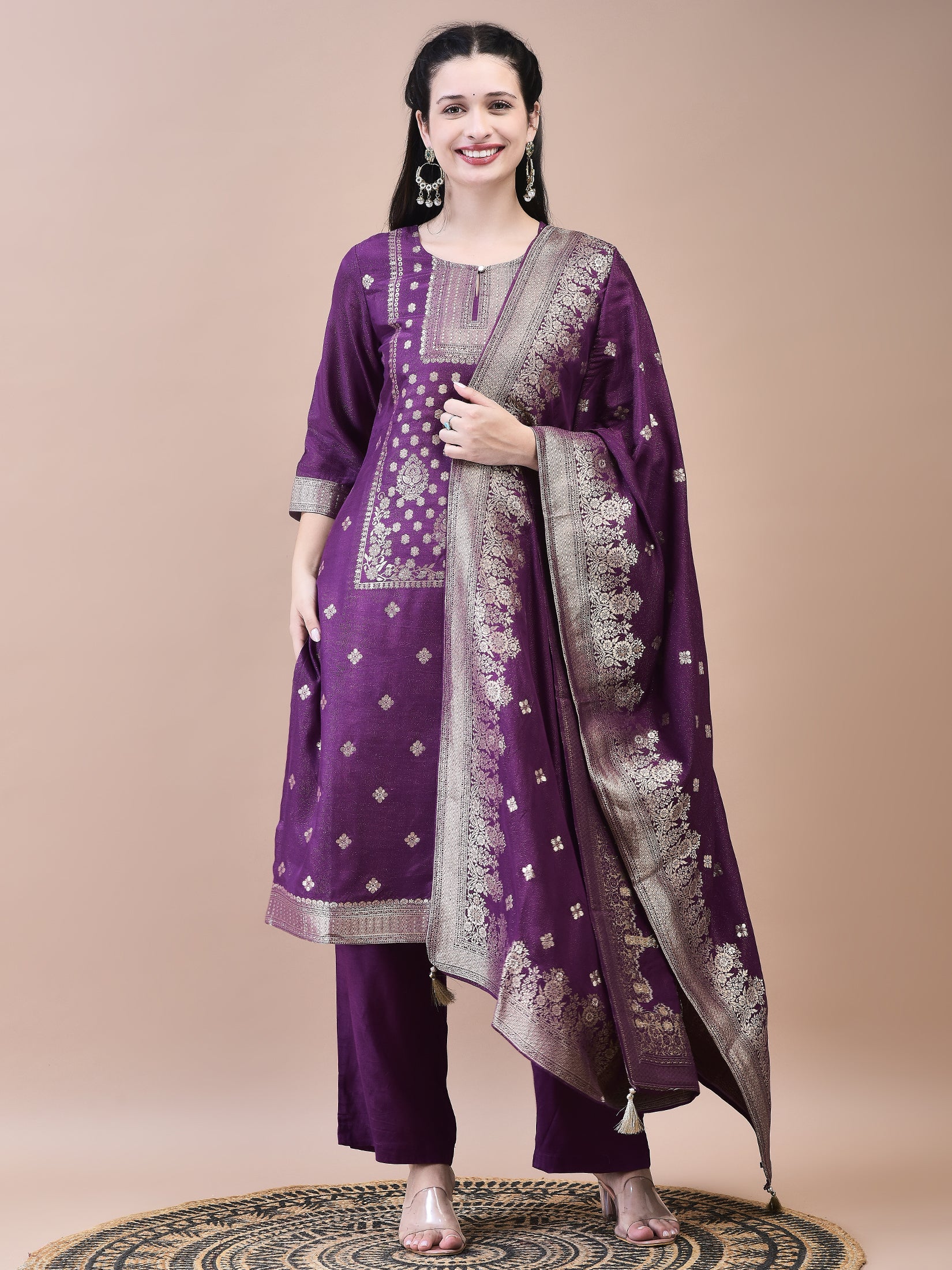 Women Dola Jacquard Purple Woven Kurta Comfort Pant Dupatta