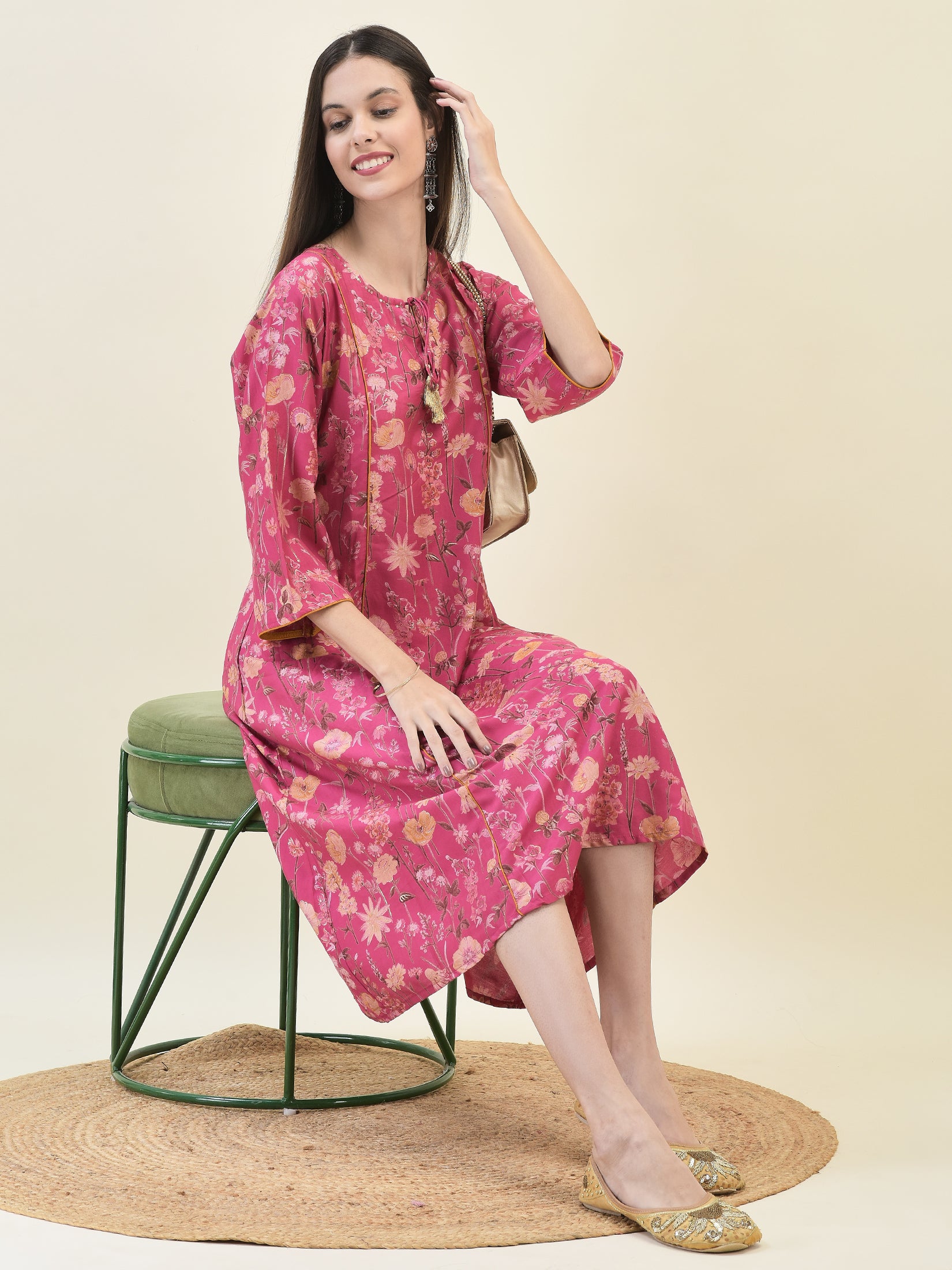 Women Viscose Pink Floral Print Dress