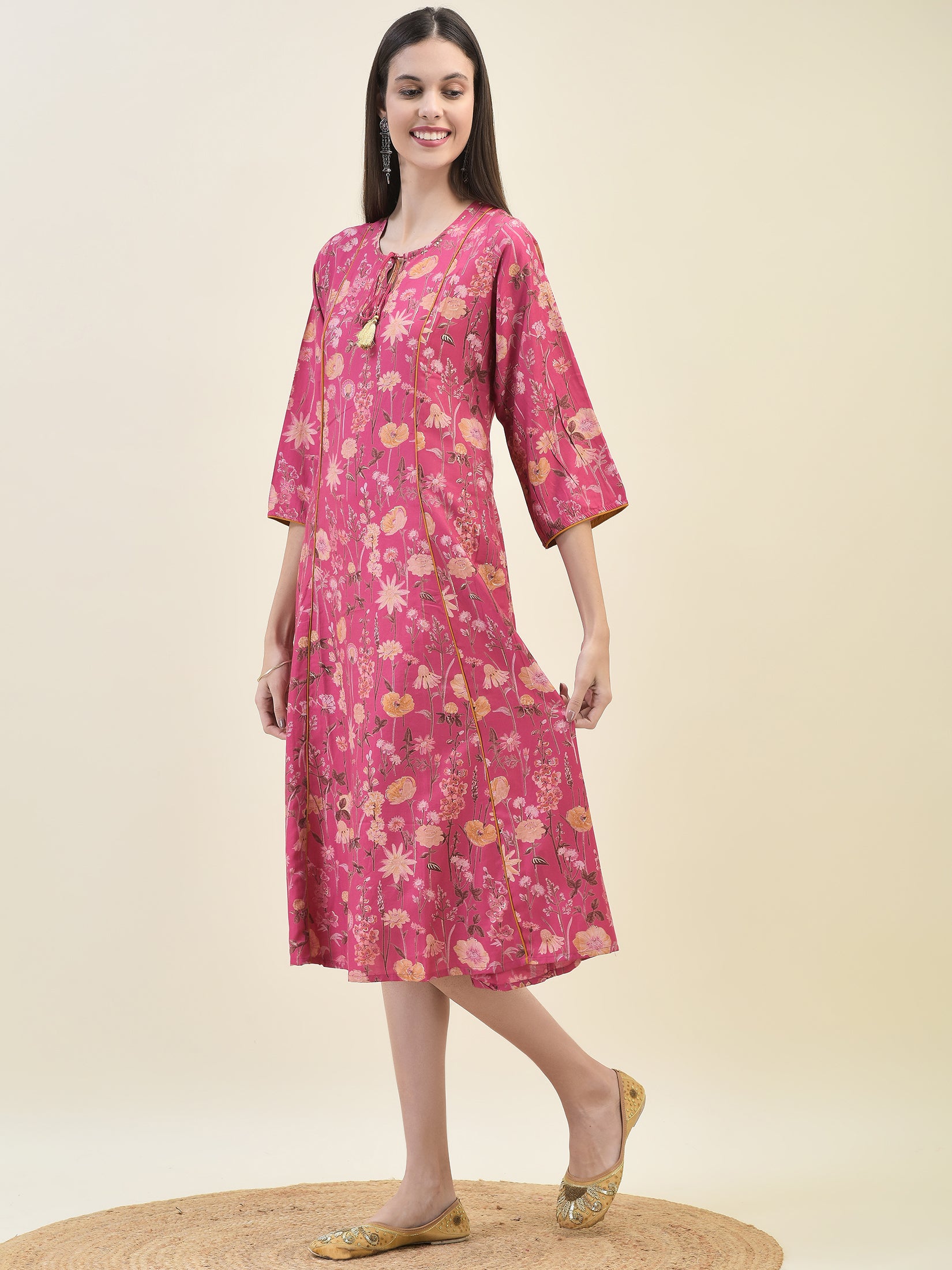 Women Viscose Pink Floral Print Dress