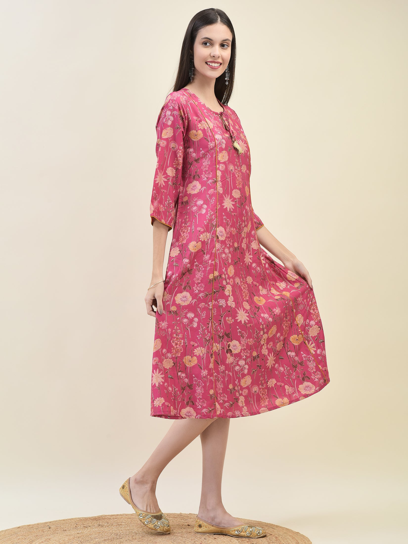 Women Viscose Pink Floral Print Dress