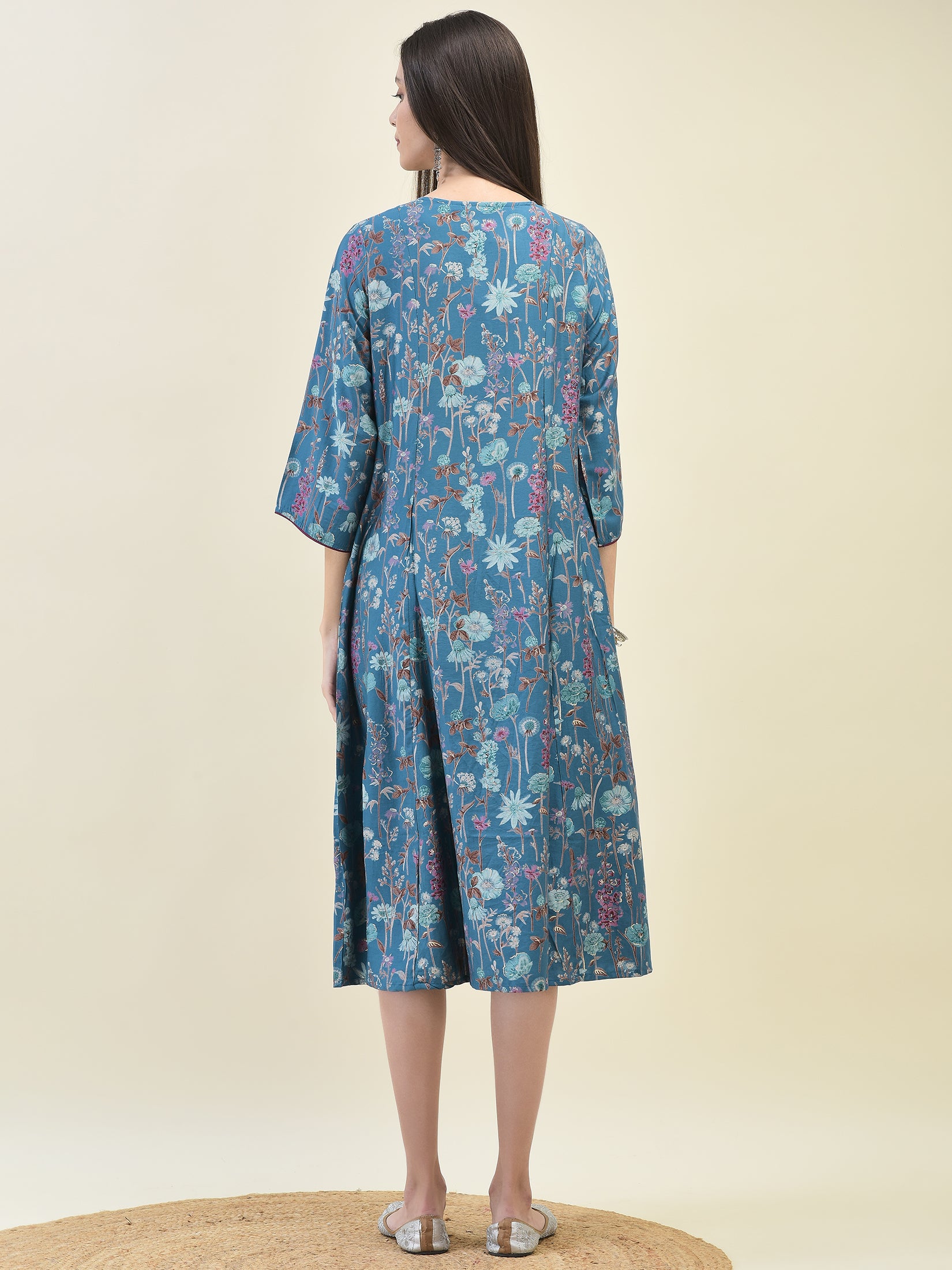 Women Viscose Teal Floral Print Dress