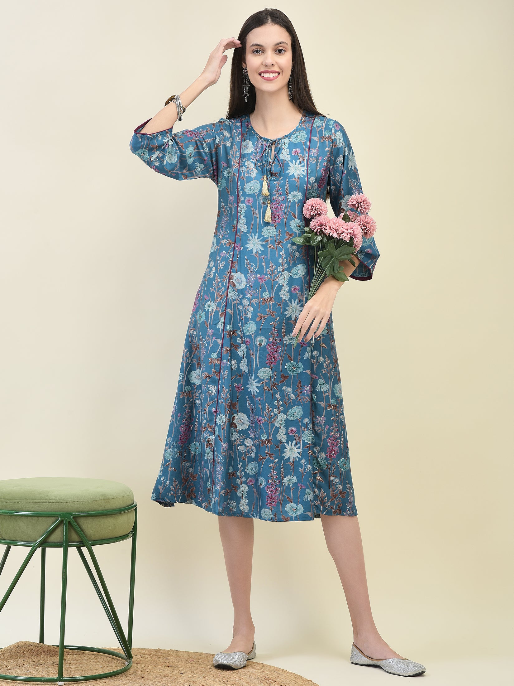 Women Viscose Teal Floral Print Dress