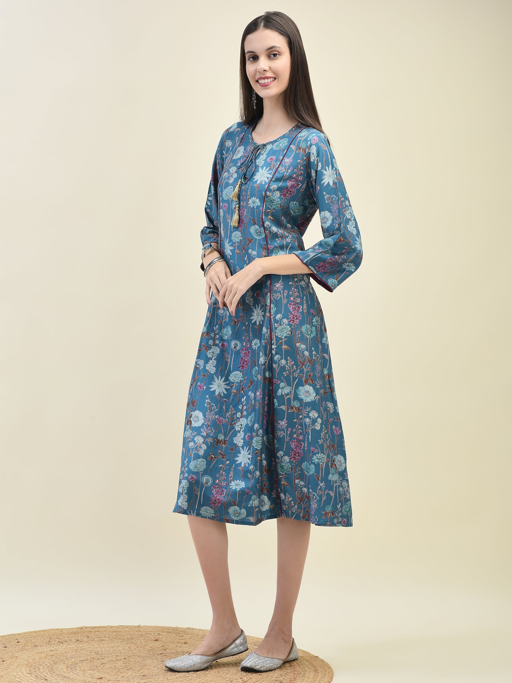 Women Viscose Teal Floral Print Dress