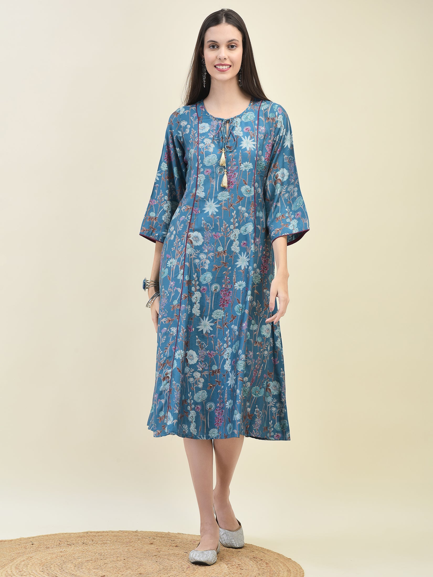 Women Viscose Teal Floral Print Dress