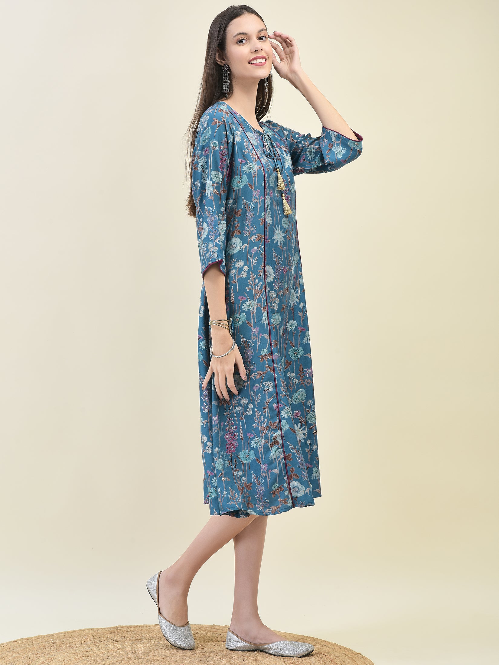 Women Viscose Teal Floral Print Dress