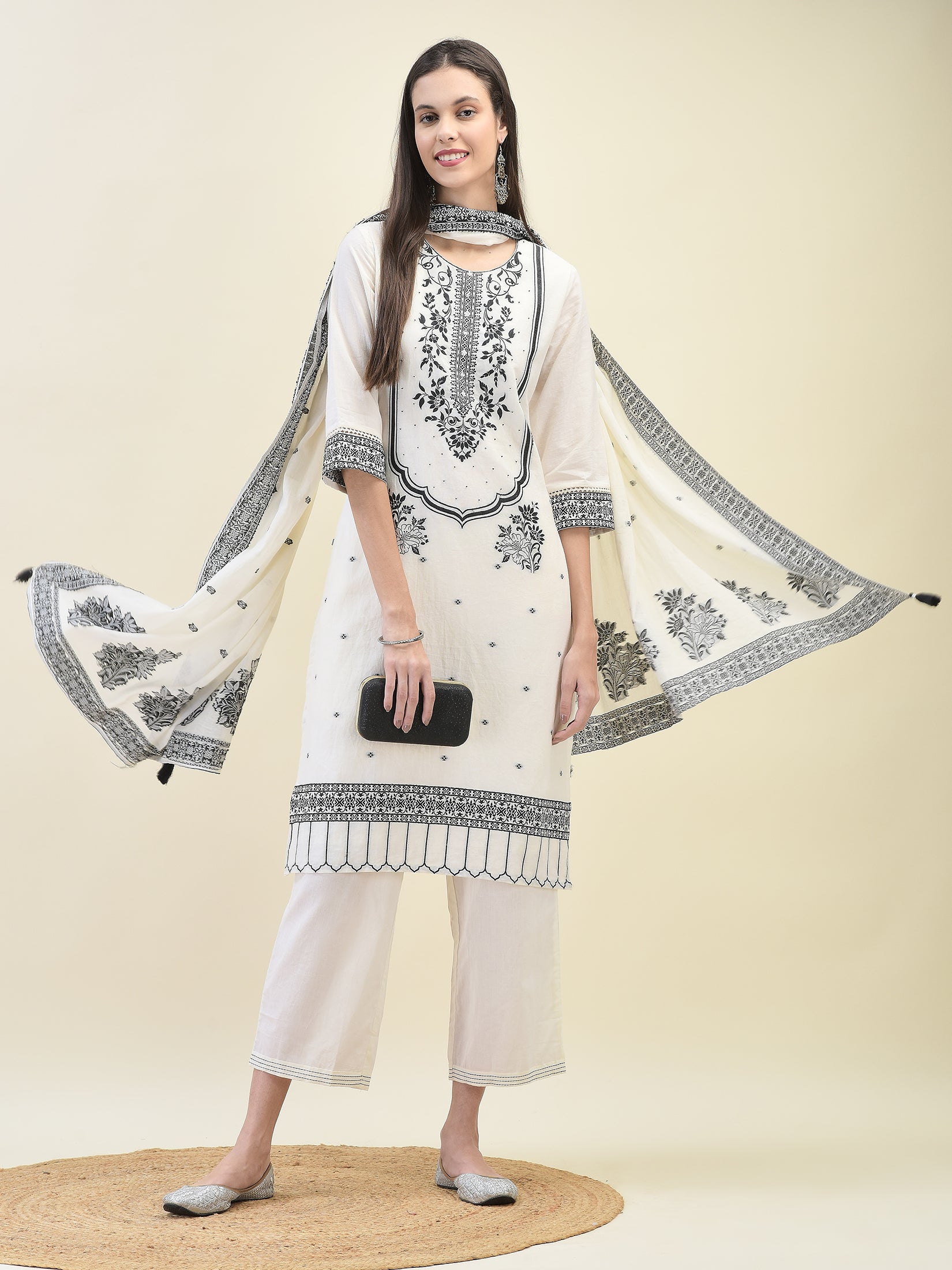 Women Jacquard Off White Solid Kurta Comfort Pant Dupatta