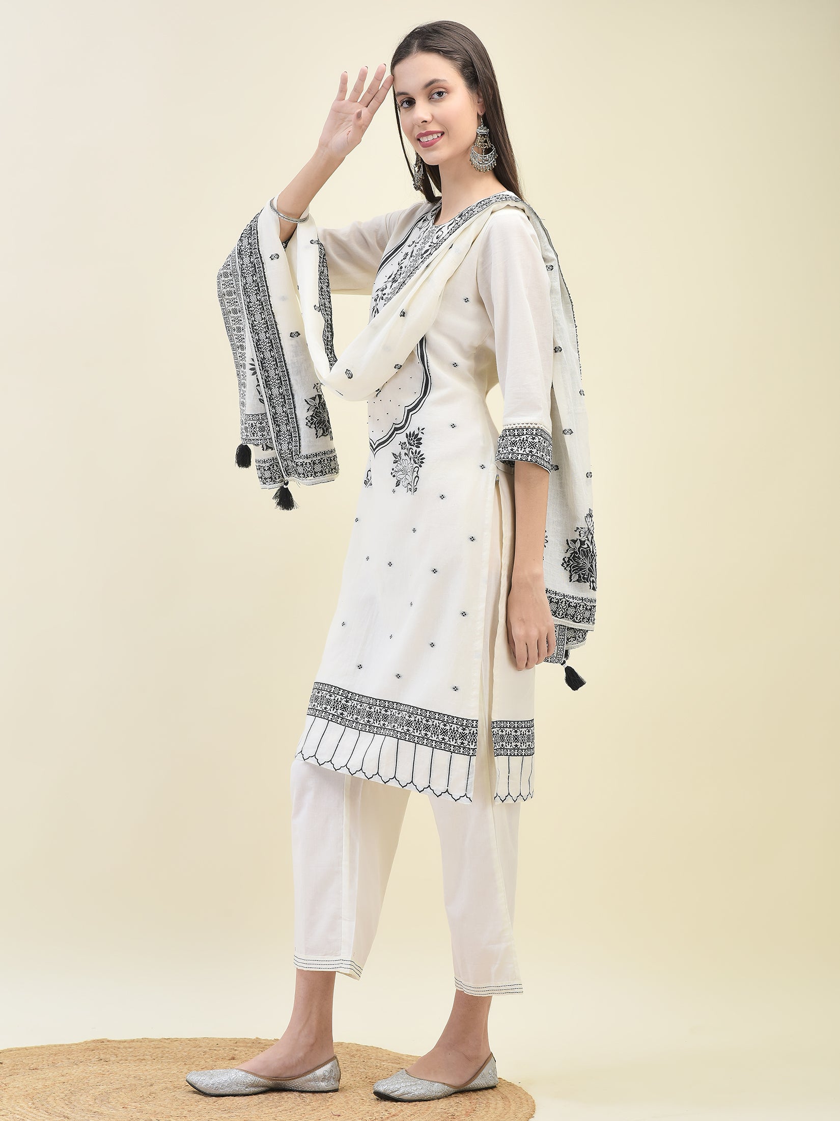 Women Jacquard Off White Solid Kurta Comfort Pant Dupatta