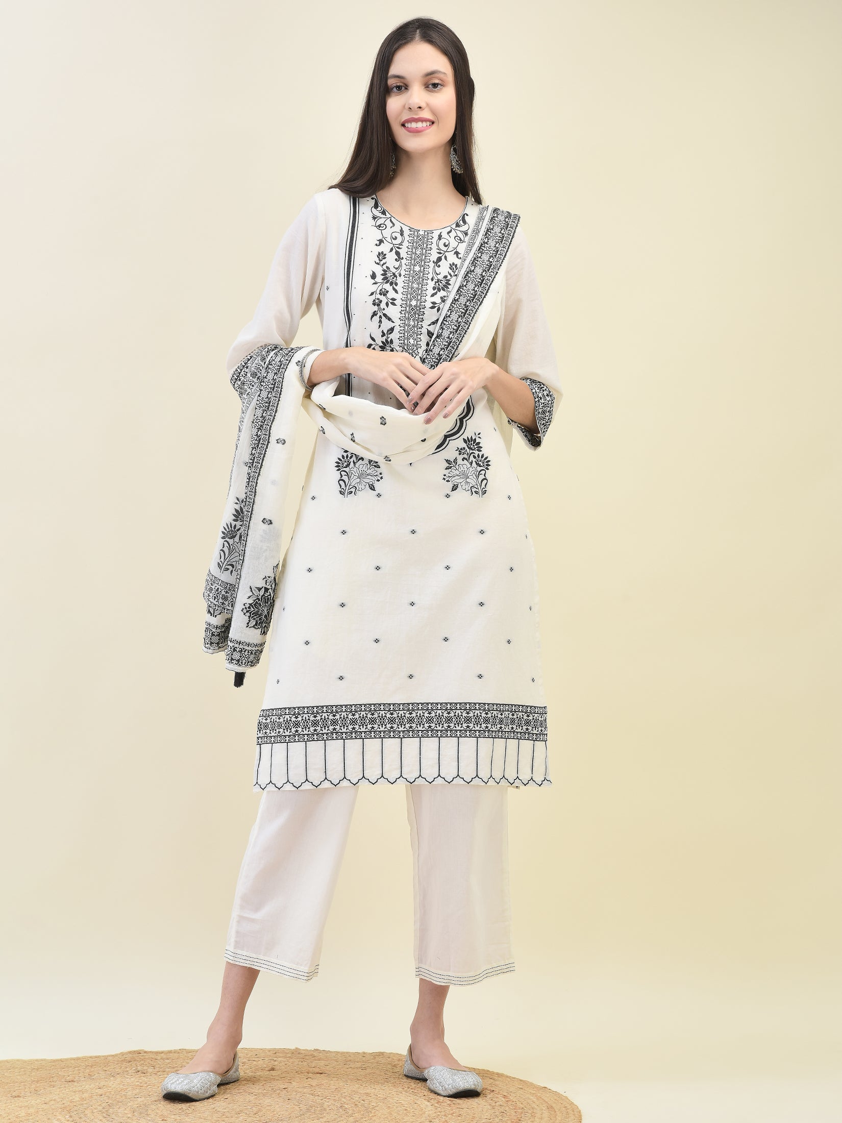 Women Jacquard Off White Solid Kurta Comfort Pant Dupatta