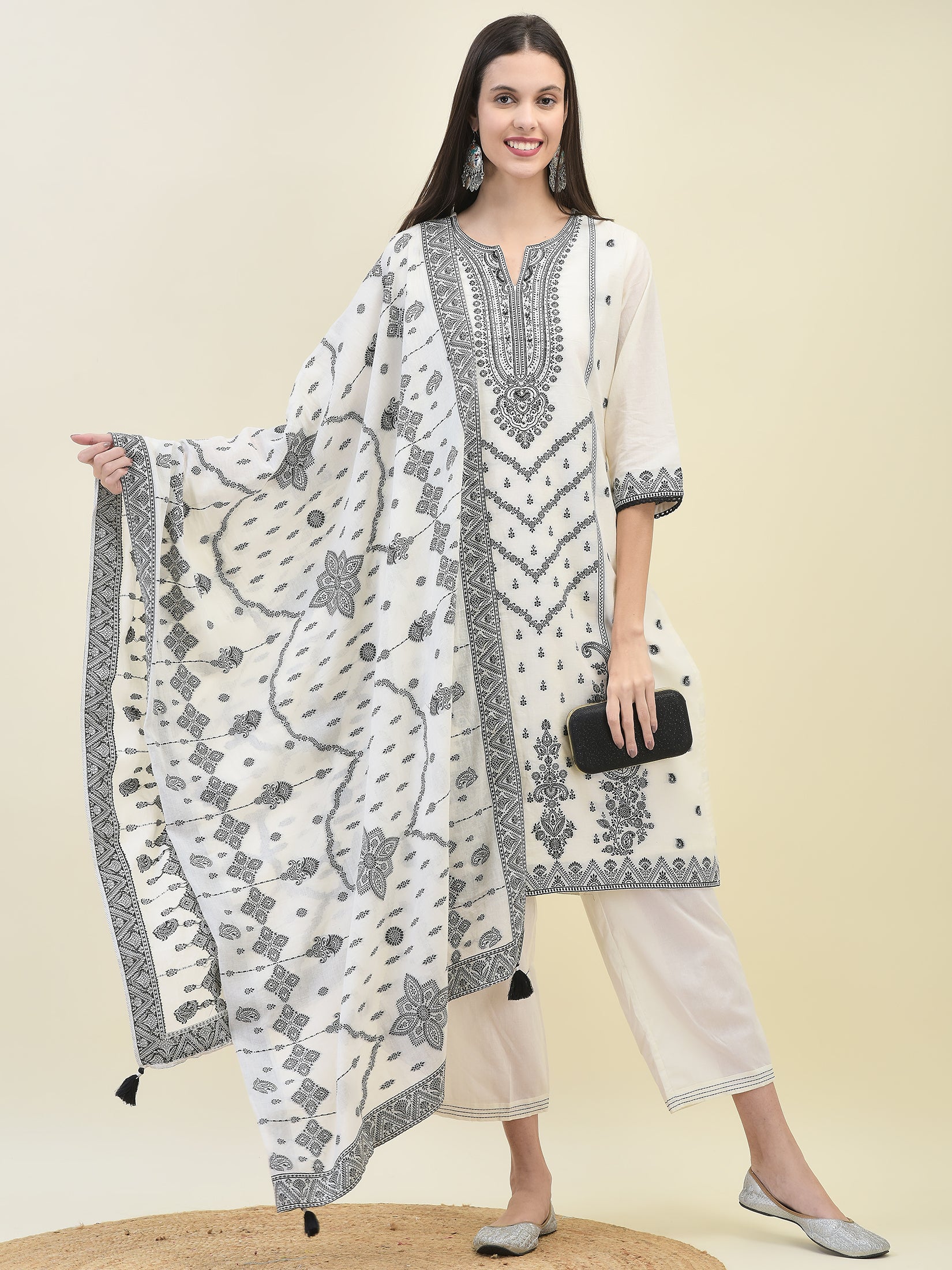 Women Jacquard Off White Solid Kurta Comfort Pant Dupatta