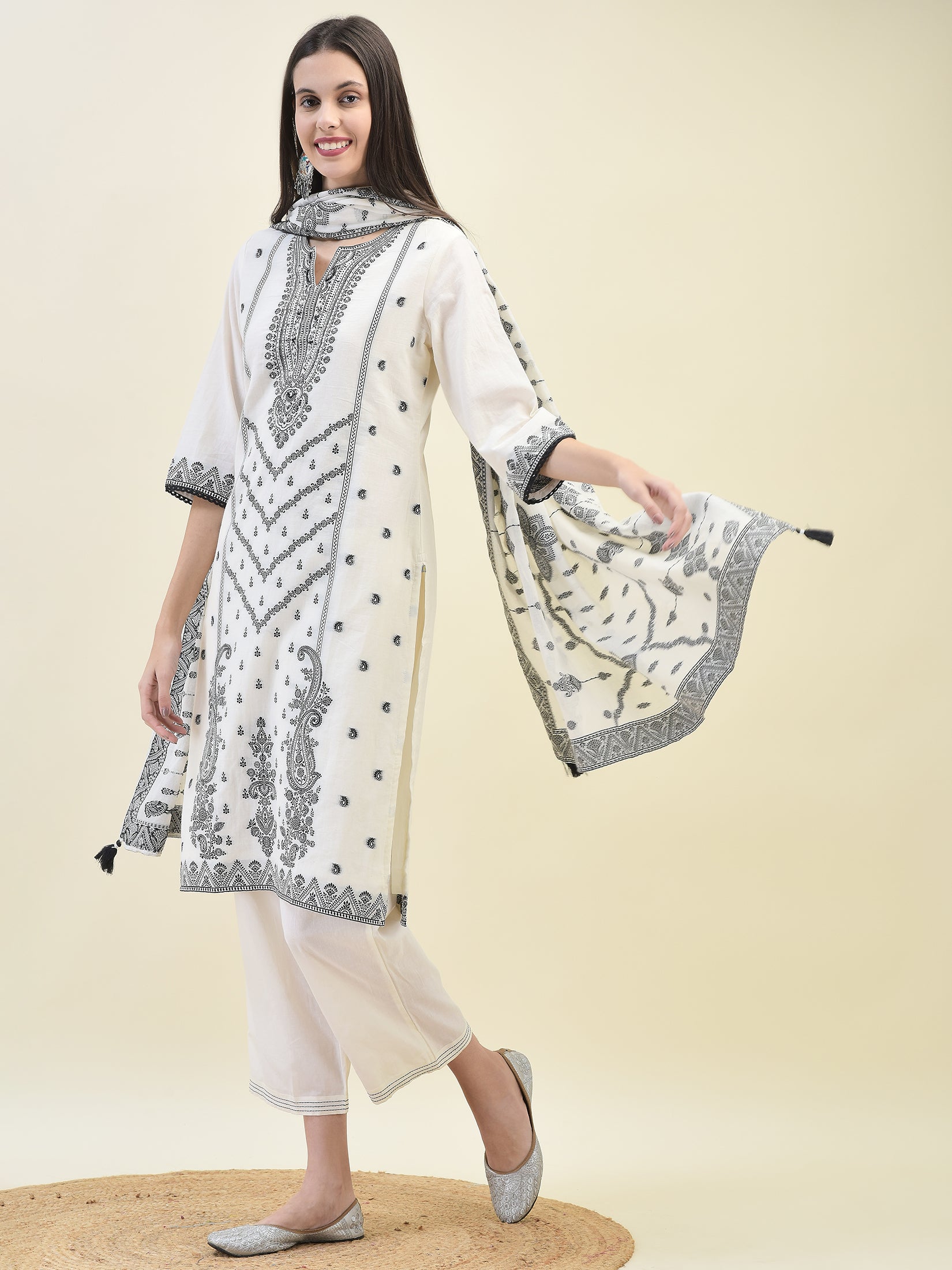 Women Jacquard Off White Solid Kurta Comfort Pant Dupatta