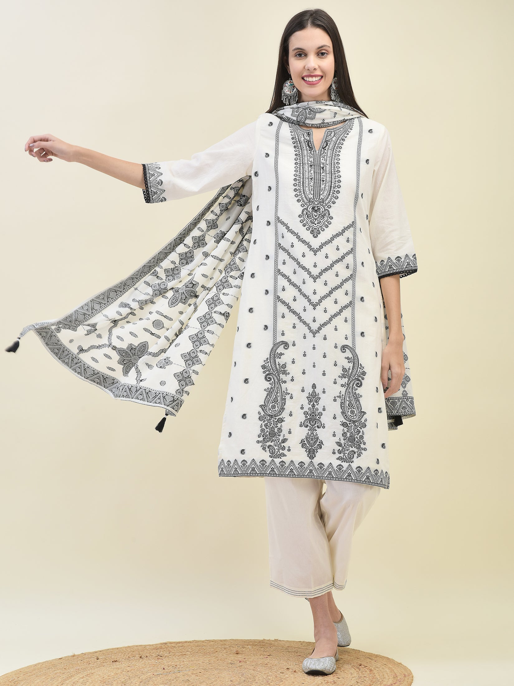 Women Jacquard Off White Solid Kurta Comfort Pant Dupatta