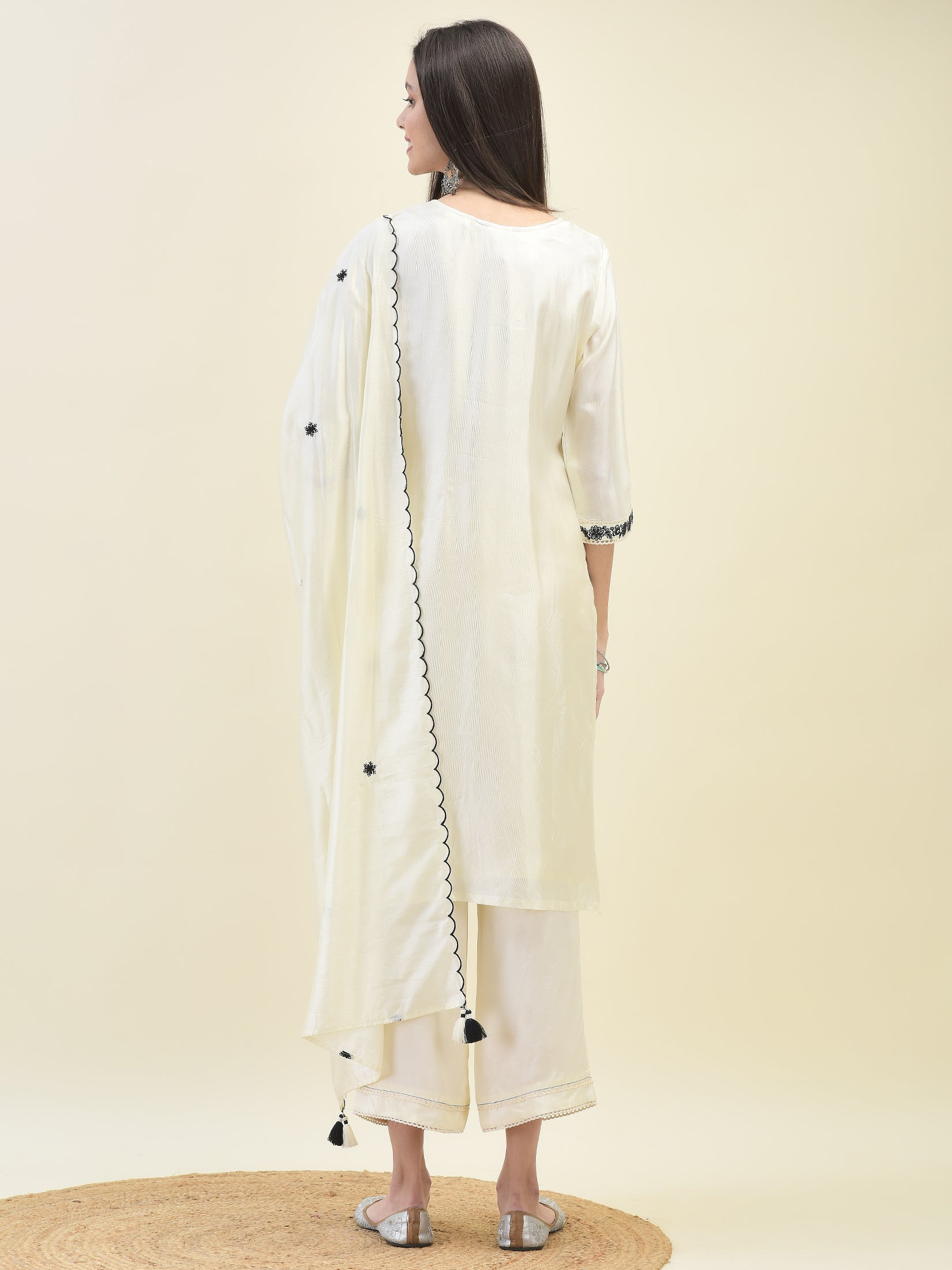 Women Poly Viscose Off White Embroidered Kurta Comfort Pant Dupatta