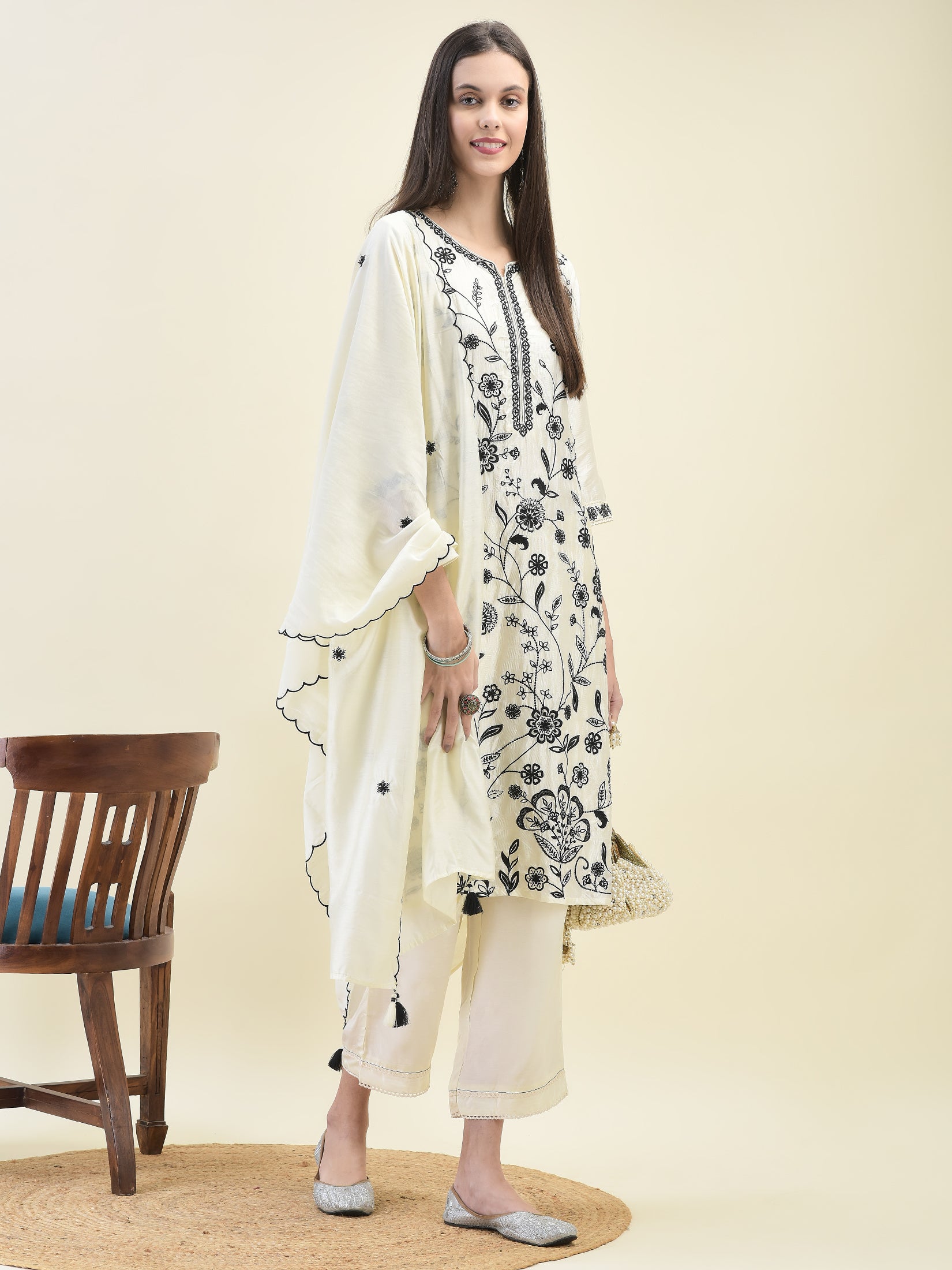 Women Poly Viscose Off White Embroidered Kurta Comfort Pant Dupatta