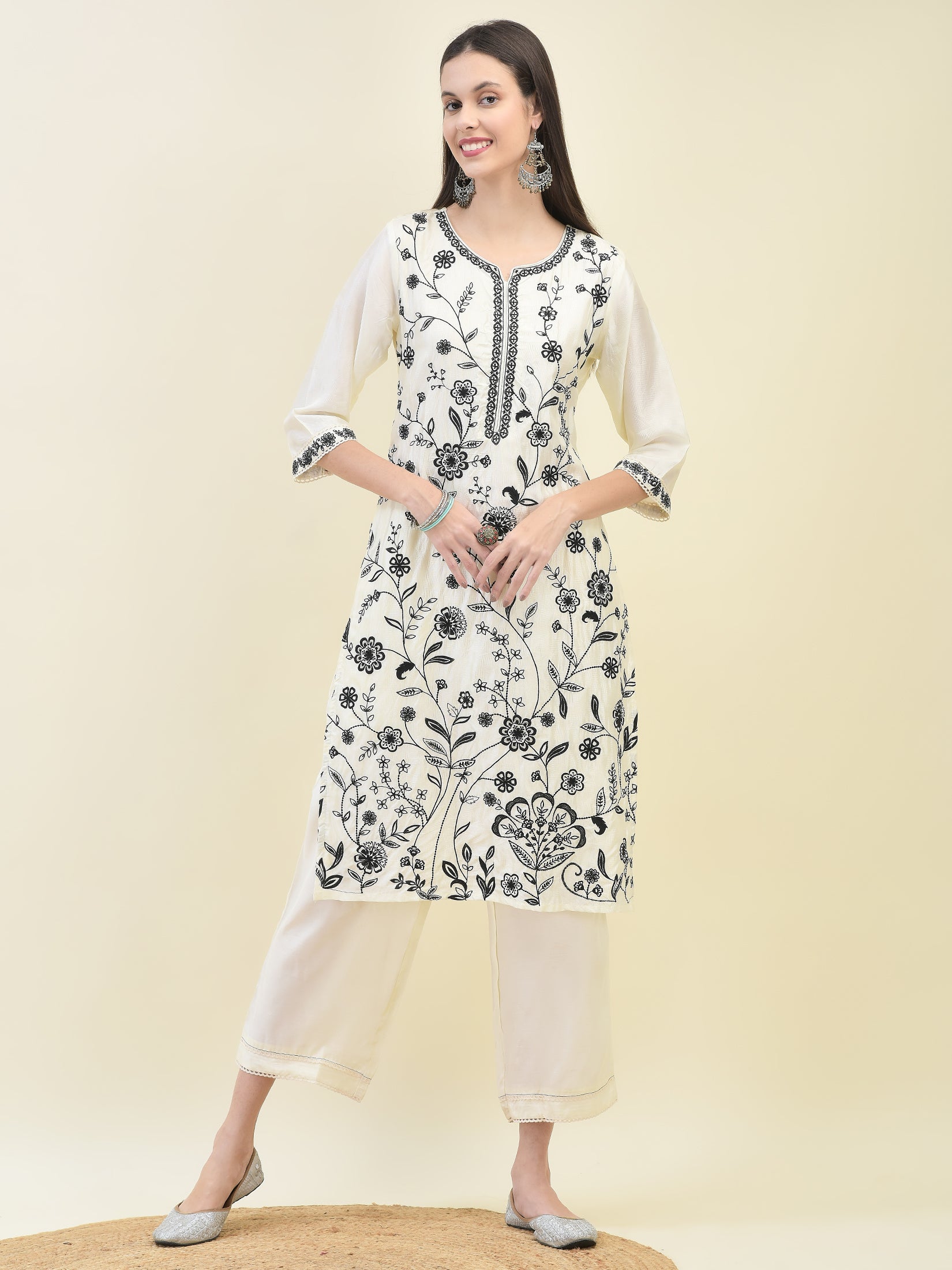 Women Poly Viscose Off White Embroidered Kurta Comfort Pant Dupatta