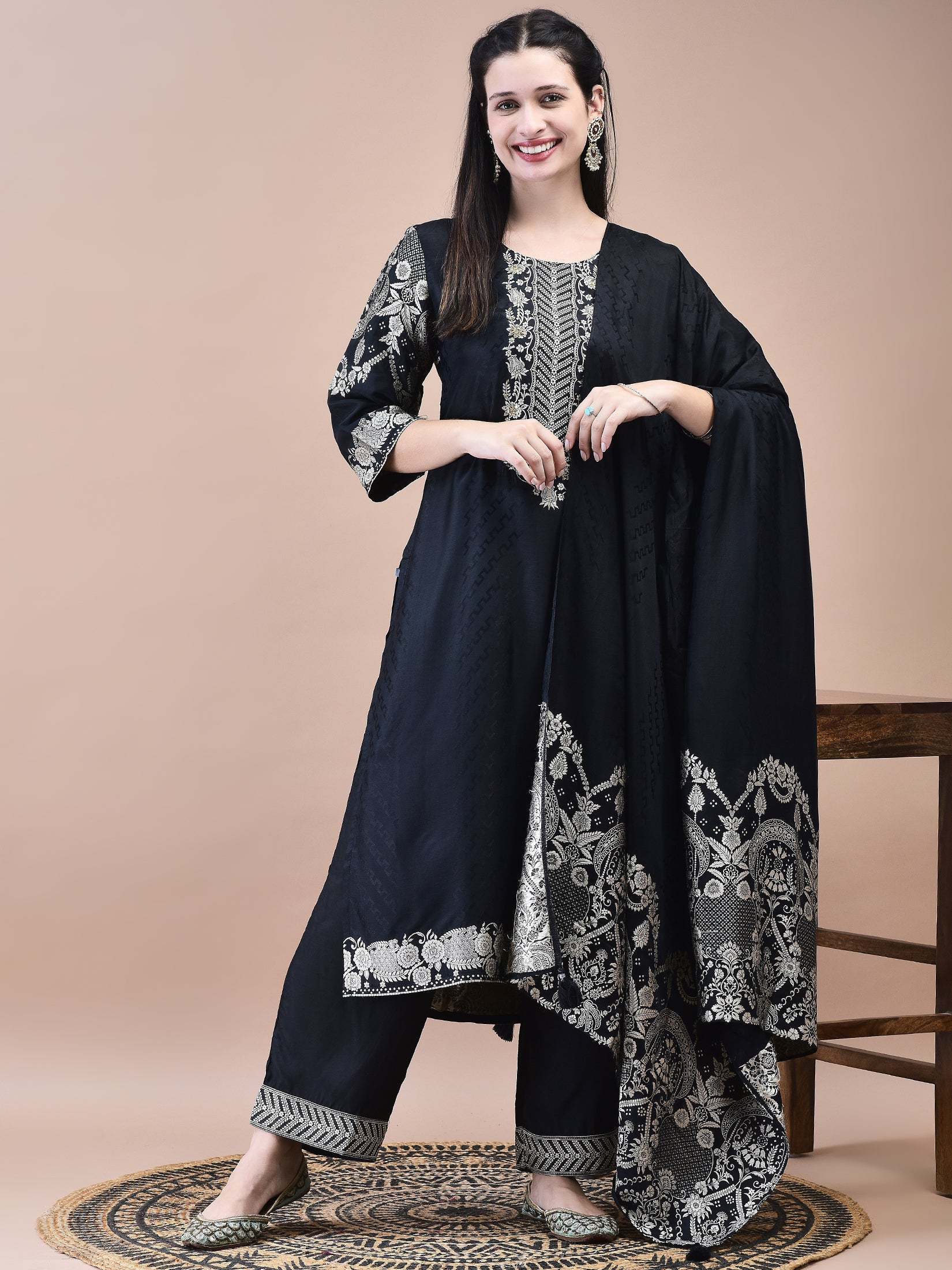 Women Dola Jacquard Black Woven Kurta Comfort Pant Dupatta