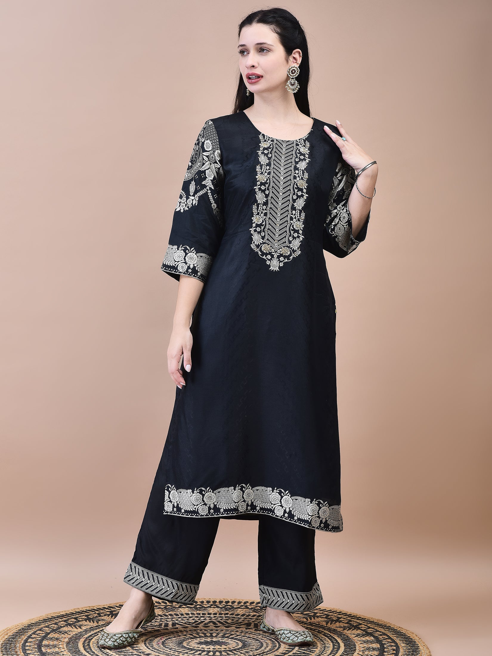 Women Dola Jacquard Black Woven Kurta Comfort Pant Dupatta