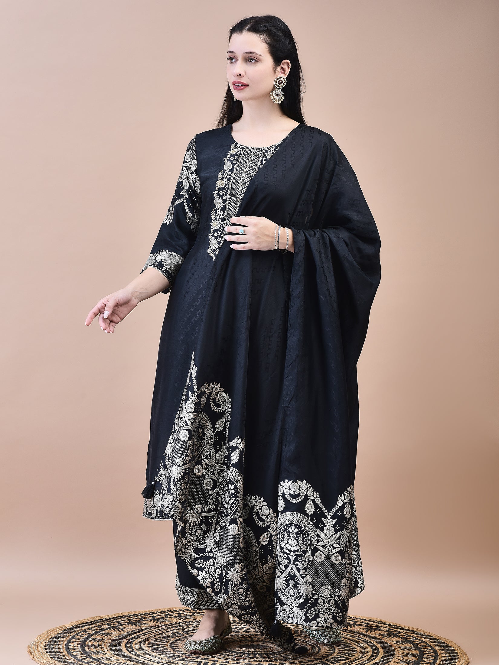 Women Dola Jacquard Black Woven Kurta Comfort Pant Dupatta