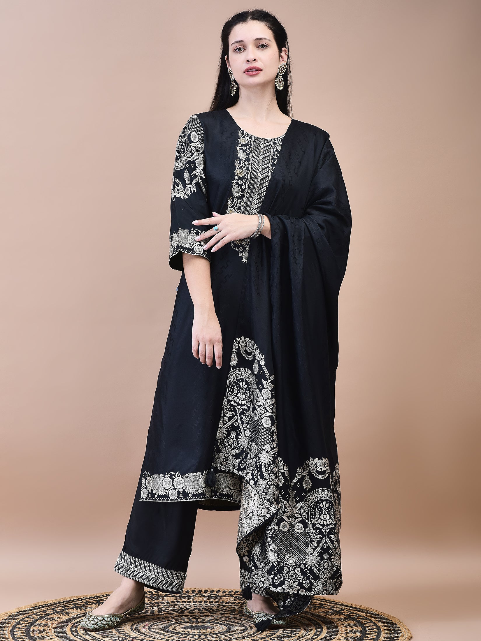 Women Dola Jacquard Black Woven Kurta Comfort Pant Dupatta