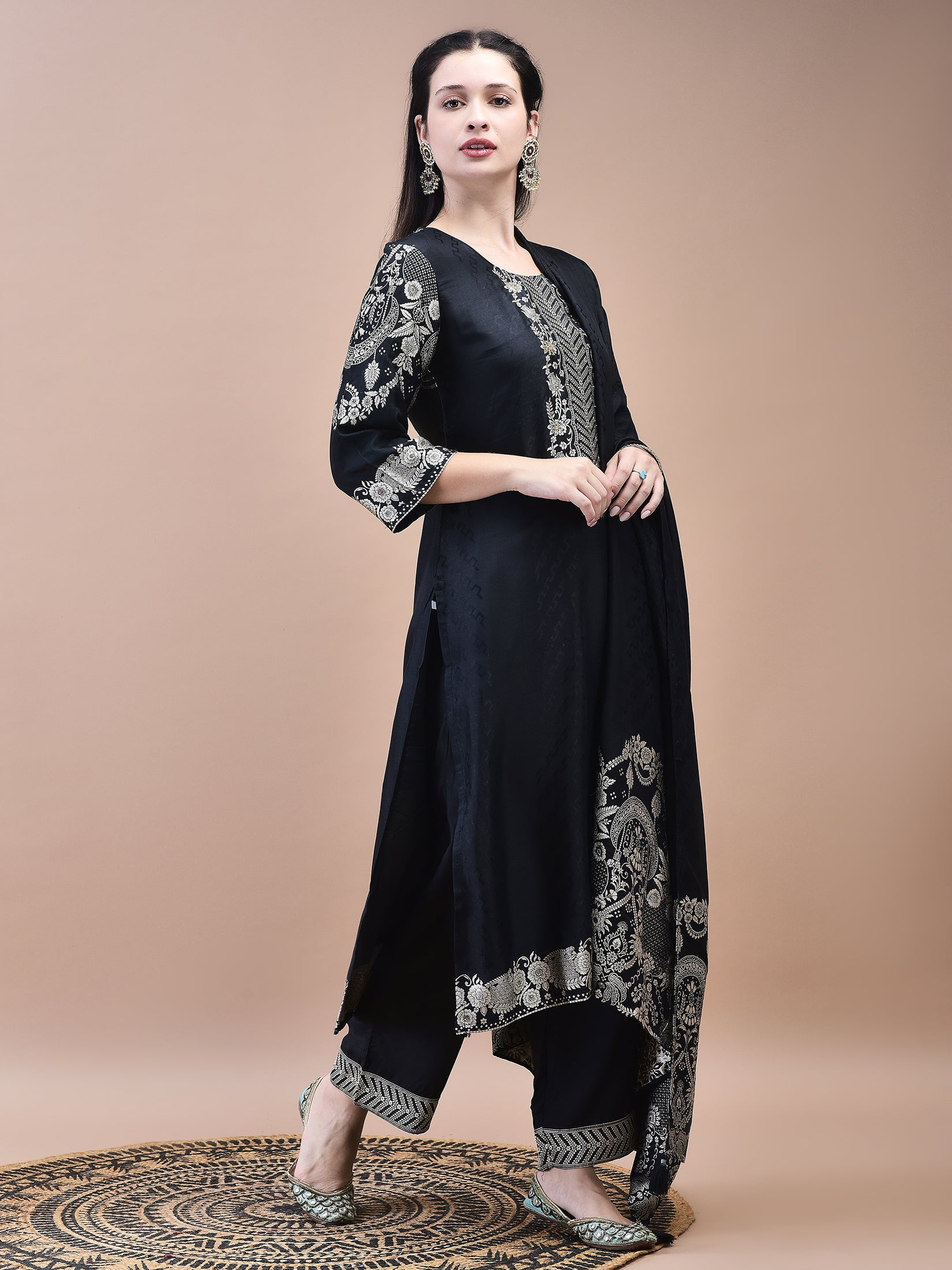 Women Dola Jacquard Black Woven Kurta Comfort Pant Dupatta