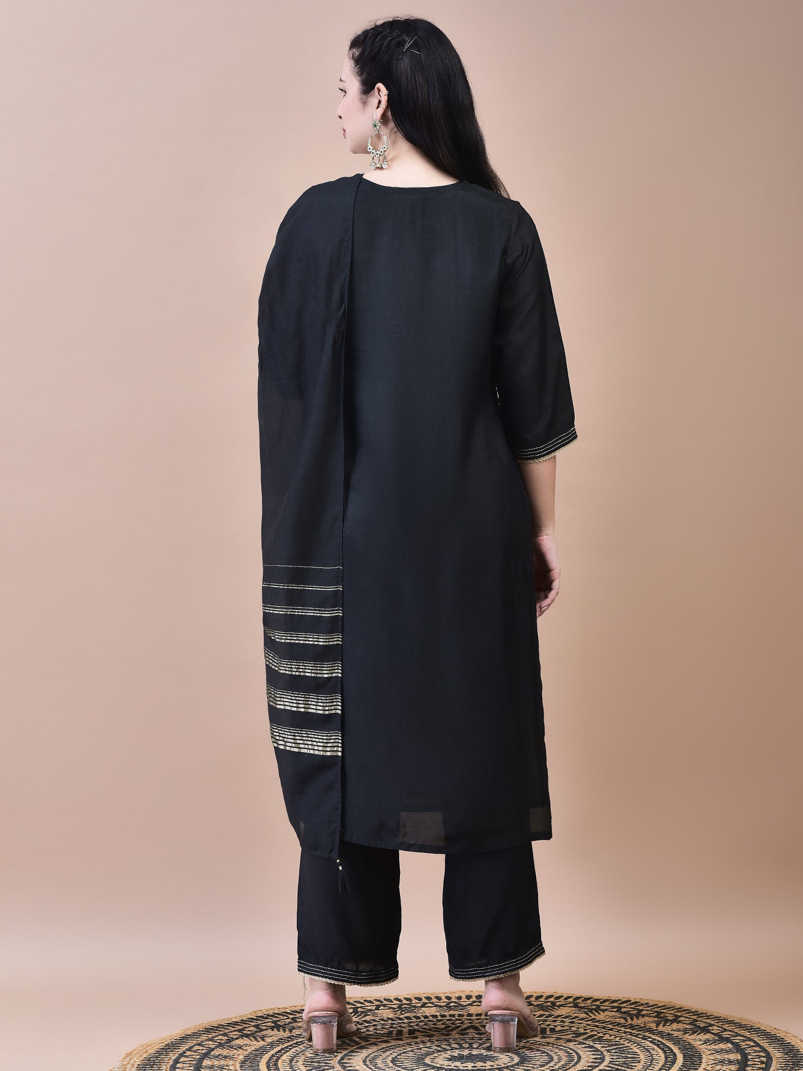 Women Dola Jacquard Black Woven Kurta Comfort Pant Dupatta