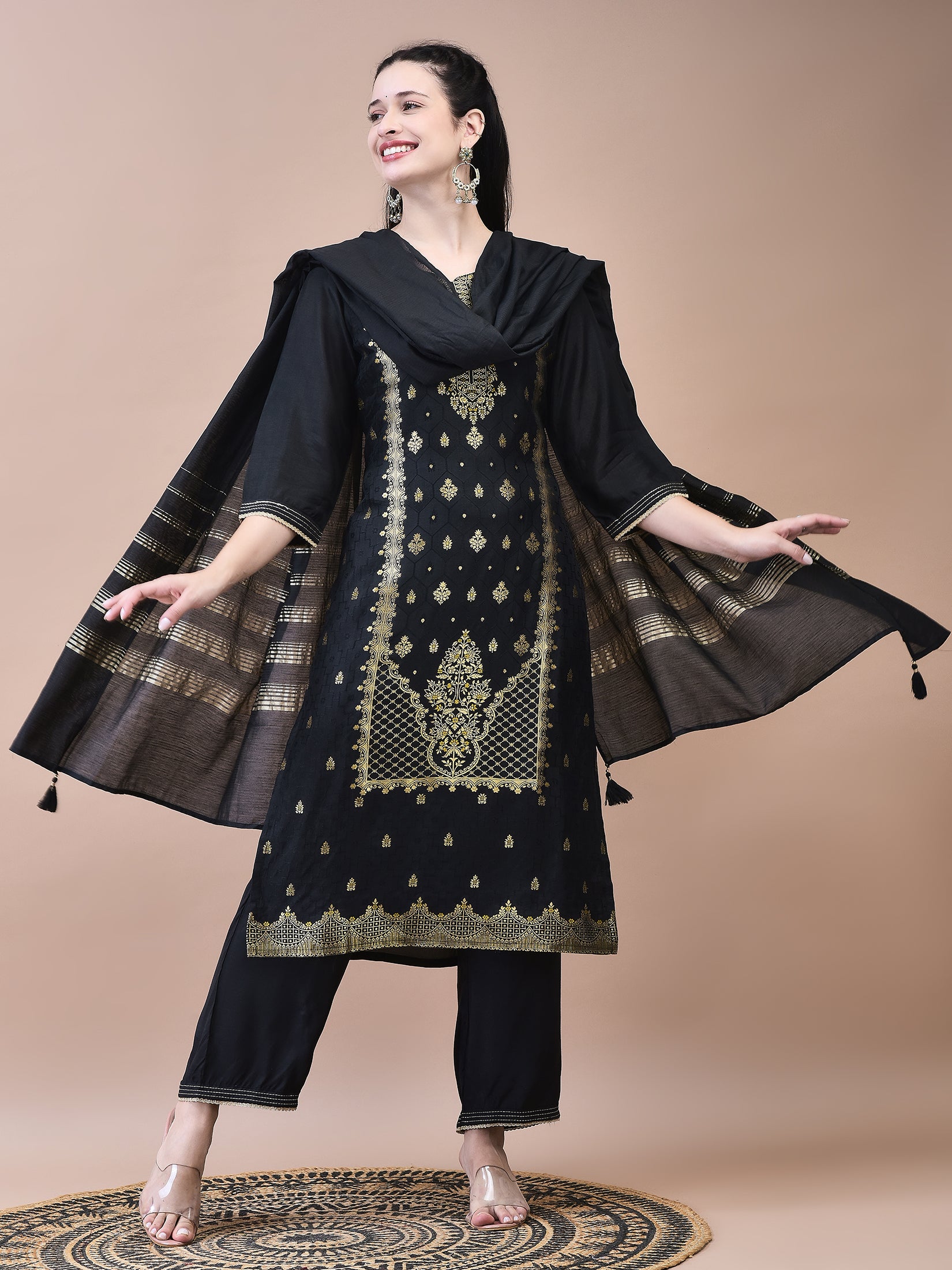 Women Dola Jacquard Black Woven Kurta Comfort Pant Dupatta