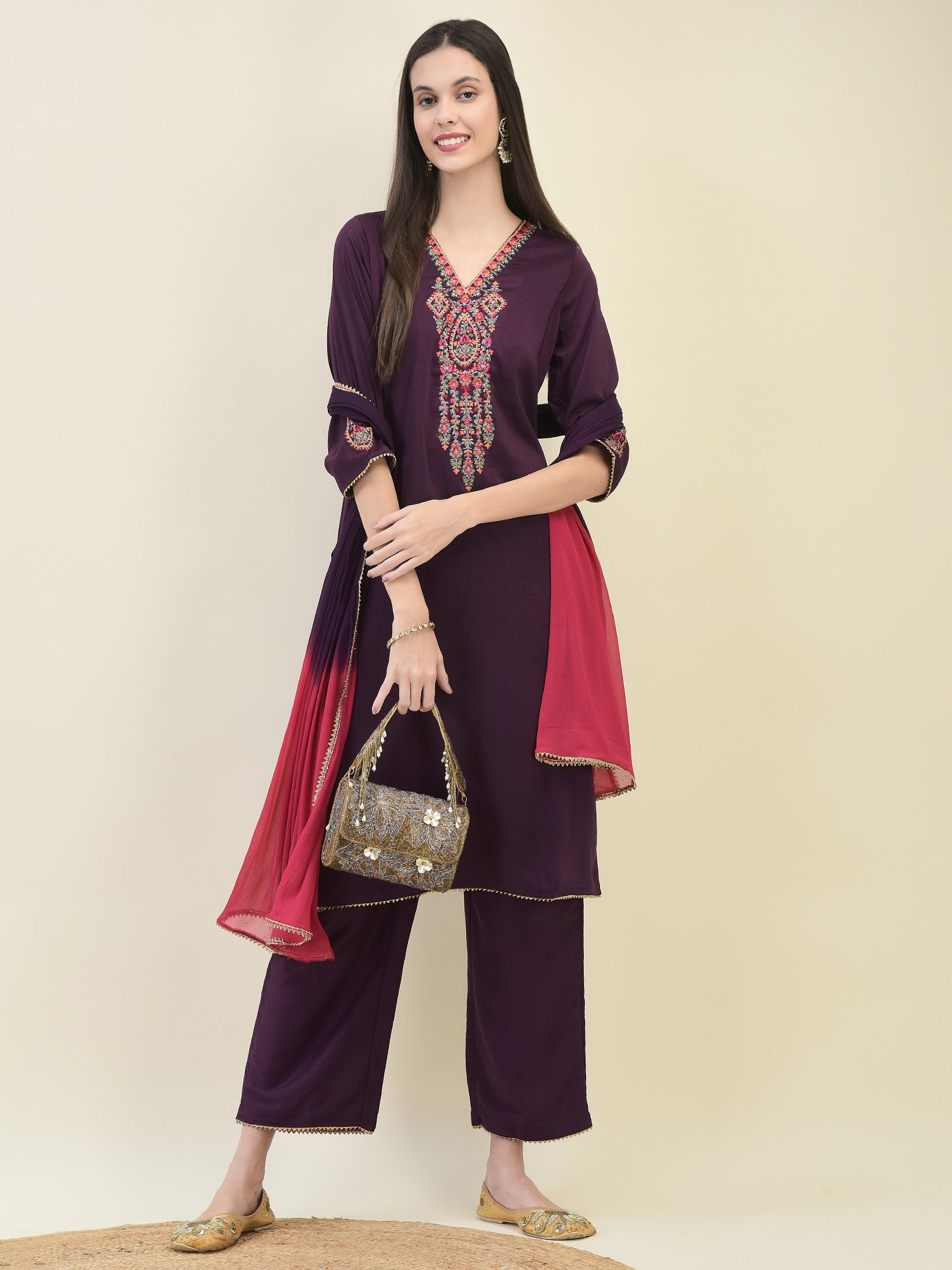 Women Silk Purple Embroidered Kurta Comfort Pant Dupatta