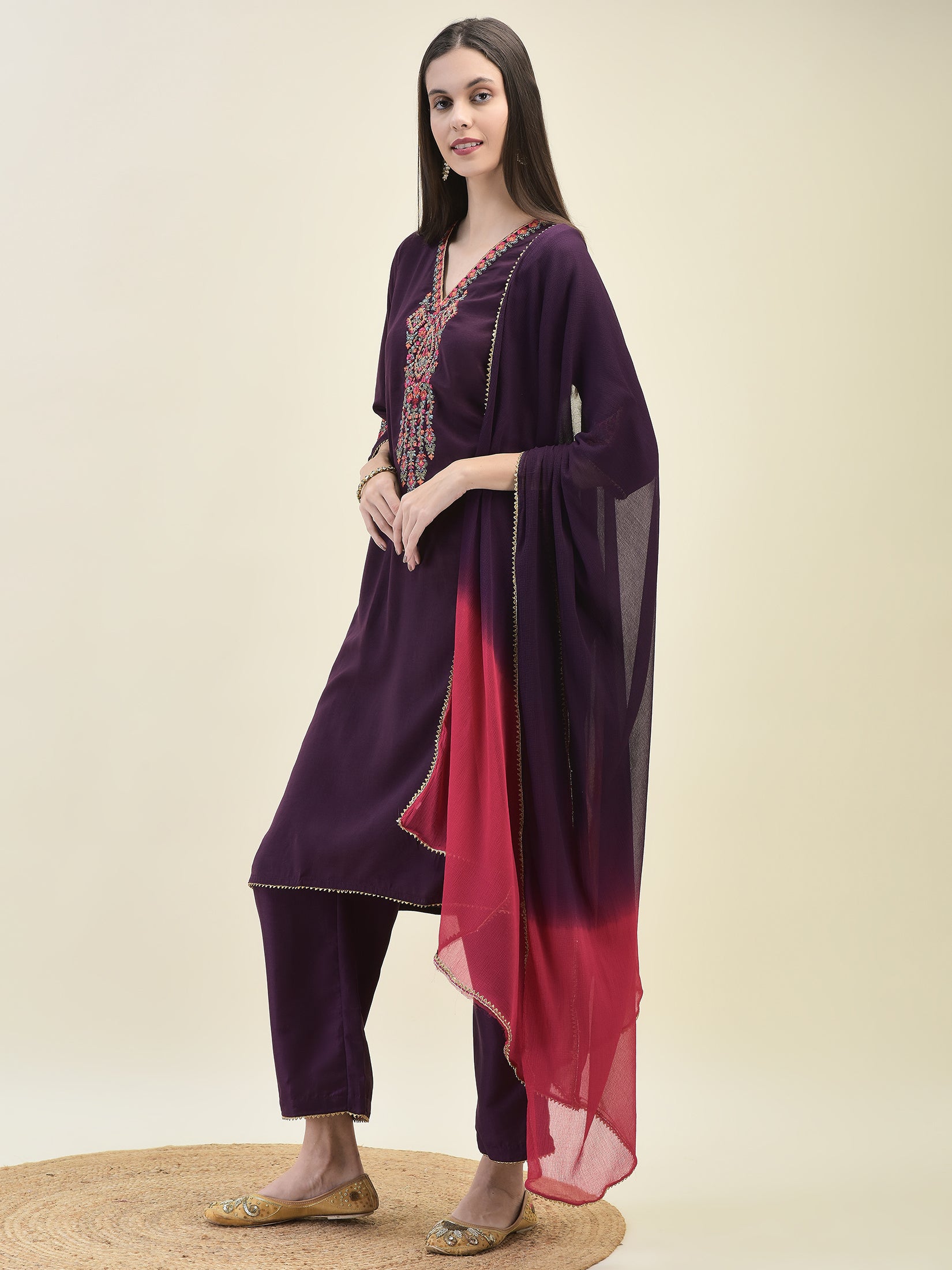 Women Silk Purple Embroidered Kurta Comfort Pant Dupatta